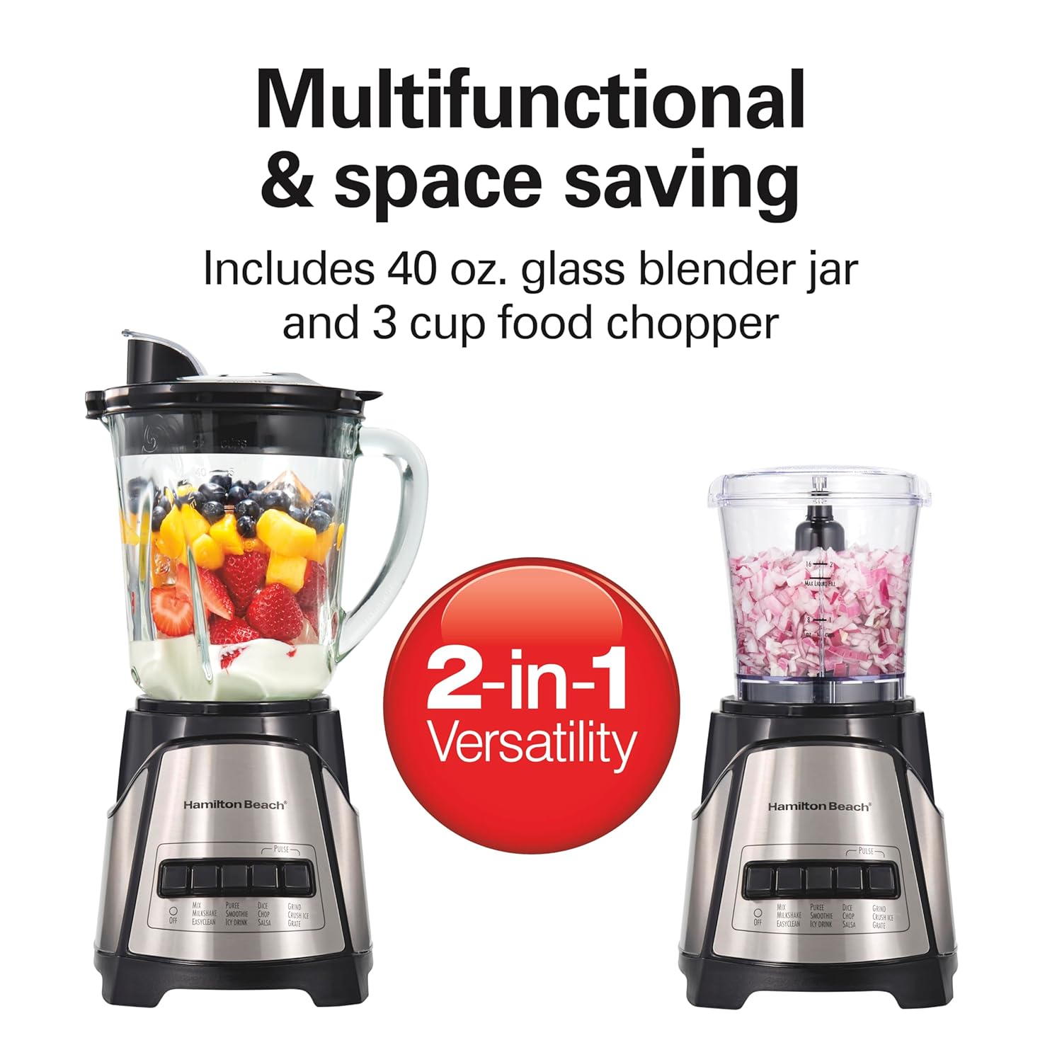Hamilton Beach Power Elite Blender for Smoothies with 3-Cup Vegetable Chopper, Mini Food Processor, 40oz Glass Jar, 12 Functions for Puree, Ice Crush, Black and Stainless Steel (58149) - Image 2