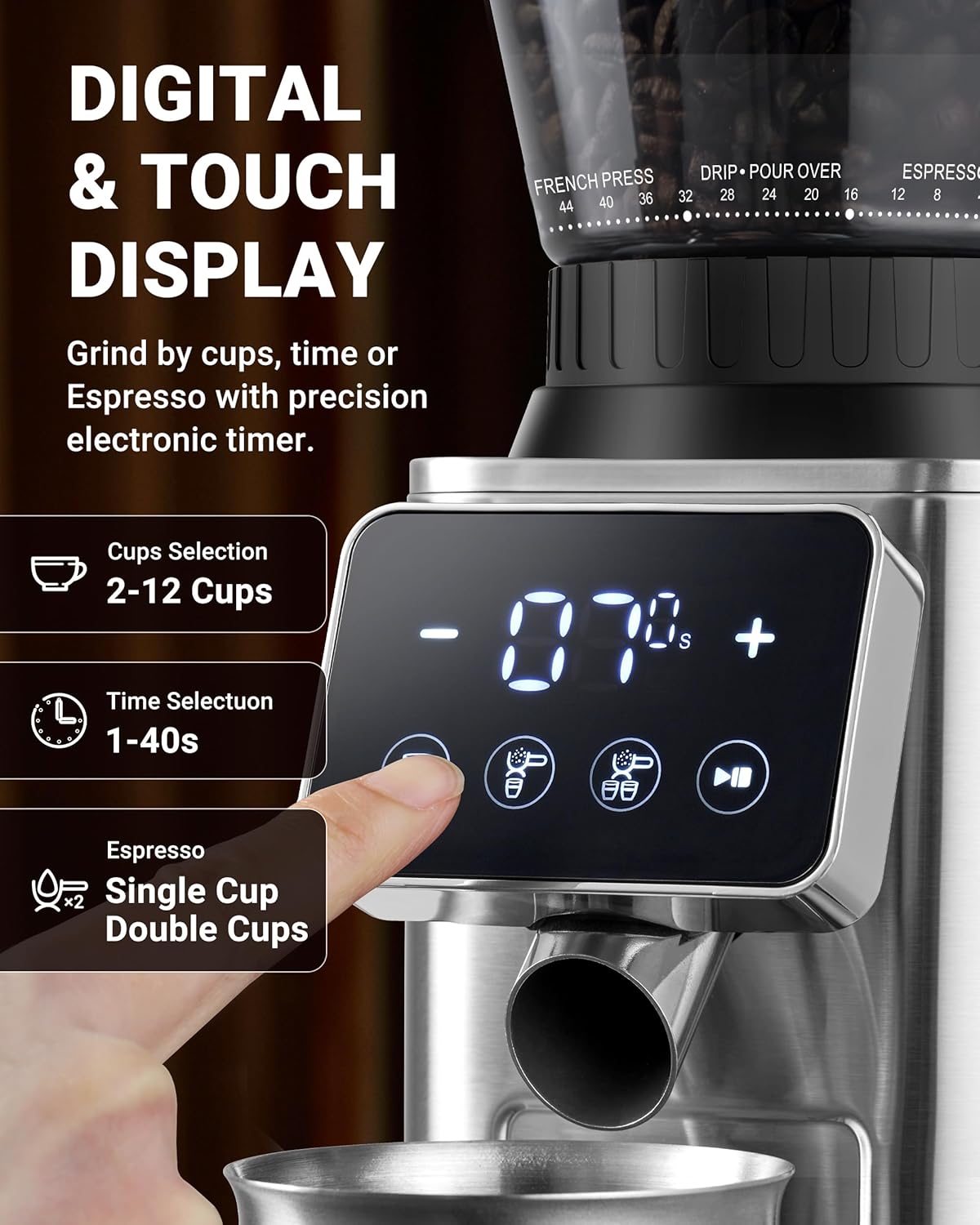 AMZCHEF Coffee Grinder, Burr Coffee Bean Grinder for Home Use with 48 Precise Grind Settings, Detachable Funnel Stand for Espresso, LED Control Panel, Anti-static Design, silver - Image 5