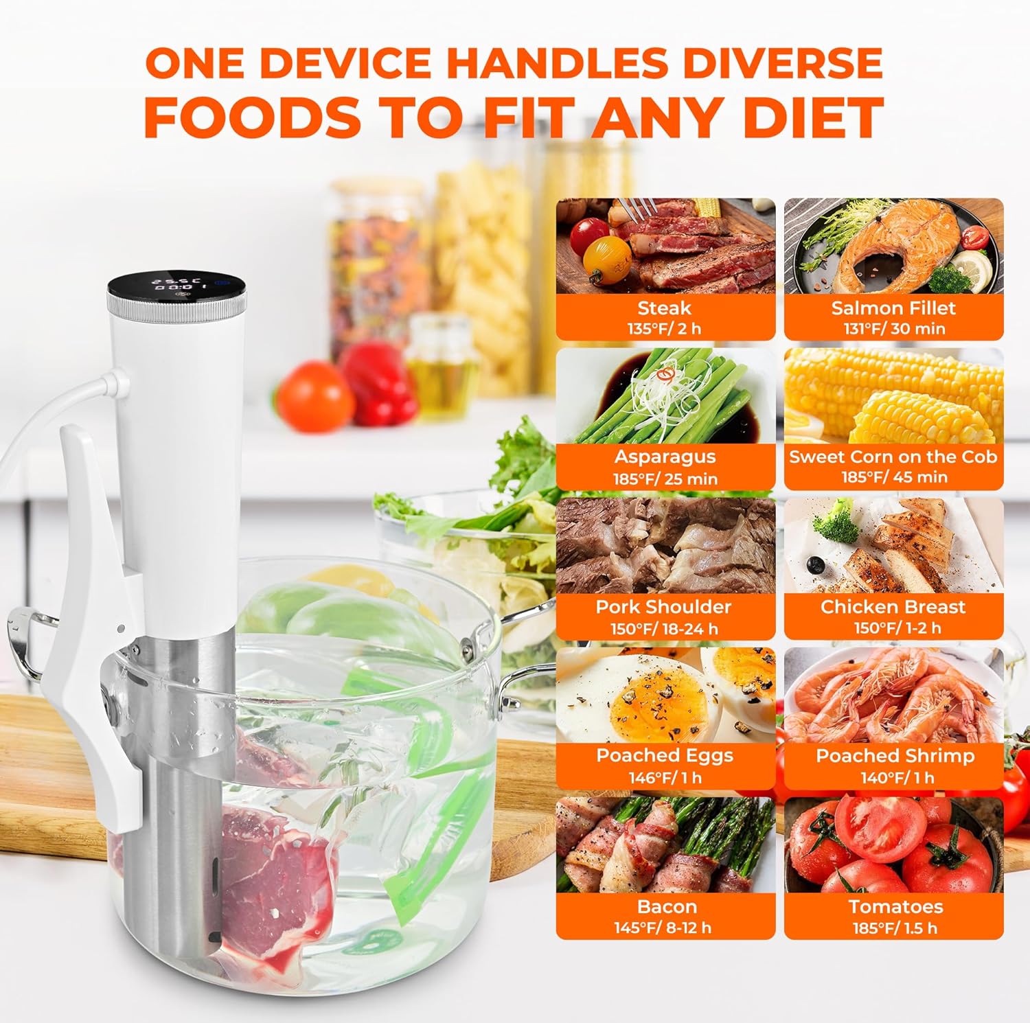 SUSTEAS Sous Vide,1200W Sous Vide Cooker with 15 Vacuum Bags Pump Recipe, Silence Sous Vide Machine Digital Timer Temperature Control, Immersion Circulator for Kitchen, IPX7, White - Image 4