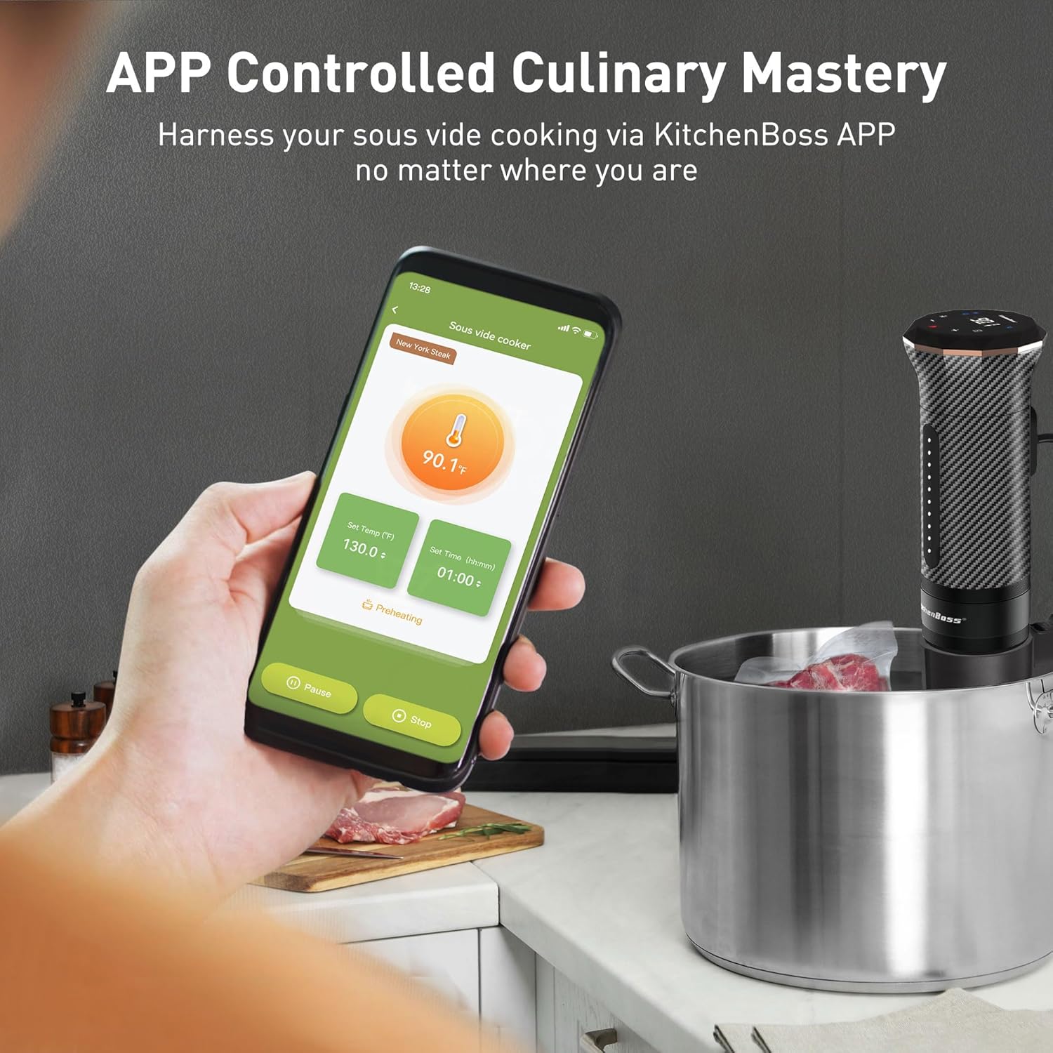 KitchenBoss Wifi Sous Vide Machine: Ultra-quiet Sous Vide Cooker Immersion Circulator APP Control, IPX7 Waterproof Stainless Steel 1100W Professional Sous Vide Precision Cooker, Black (G300PT) - Image 6