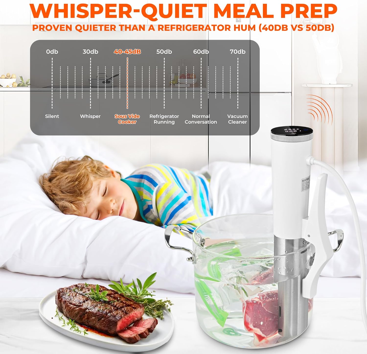 SUSTEAS Sous Vide,1200W Sous Vide Cooker with 15 Vacuum Bags Pump Recipe, Silence Sous Vide Machine Digital Timer Temperature Control, Immersion Circulator for Kitchen, IPX7, White - Image 6