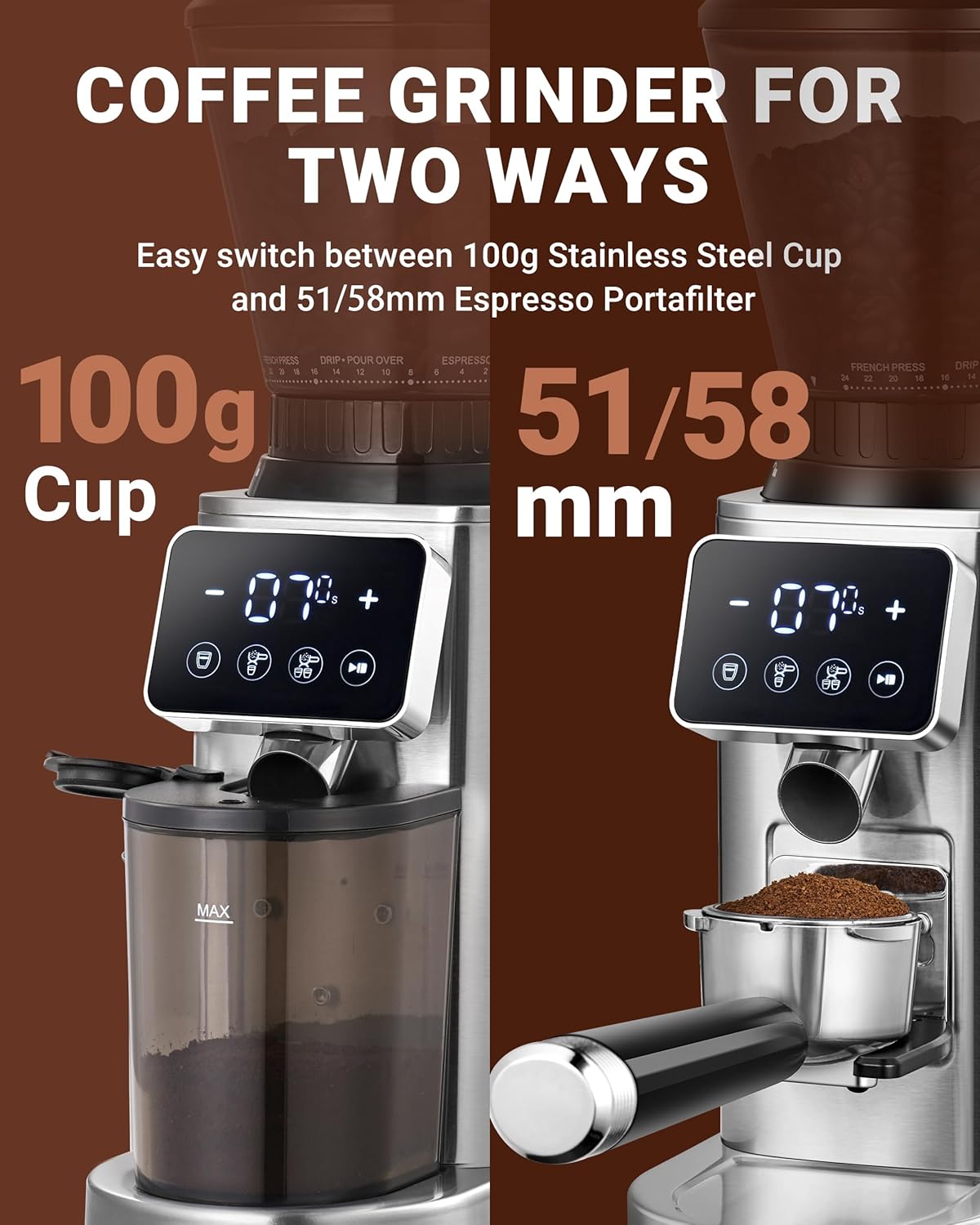 AMZCHEF Coffee Grinder, Burr Coffee Bean Grinder for Home Use with 48 Precise Grind Settings, Detachable Funnel Stand for Espresso, LED Control Panel, Anti-static Design, silver - Image 7