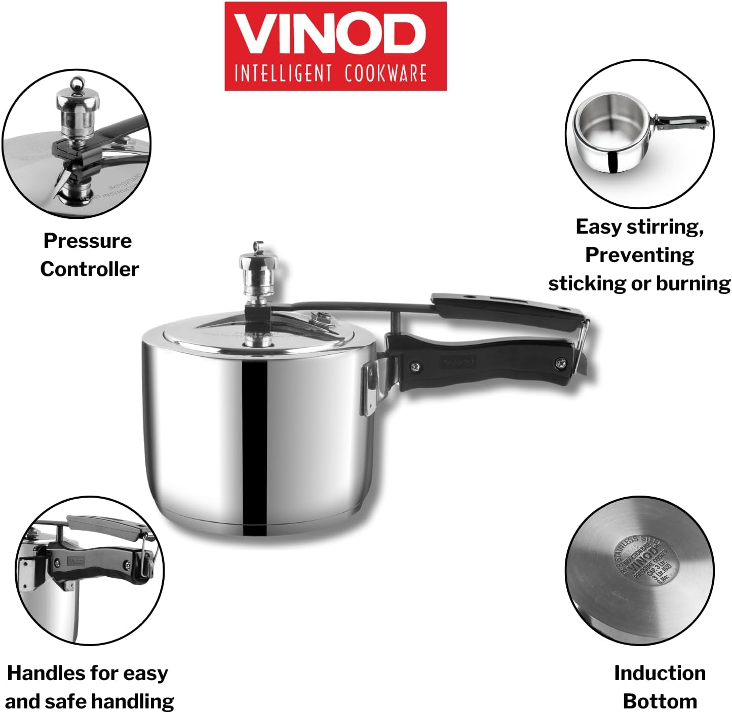 Vinod Stainless Steel Inner Lid Pressure Cooker with Sandwich Base Induction and Gas Compatible 118.5 oz ISI & CE Certified 2-Year - Image 4