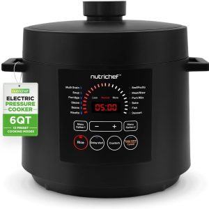NutriChef Electric Pressure Cooker 6 Quart Capacity | 9 Function Digital Countertop Pressure Cooker | Adjustable Time & Temperature | Cook, Bake, Steam, Broil, & Braise | 13.1 x 11.4 IN | Black