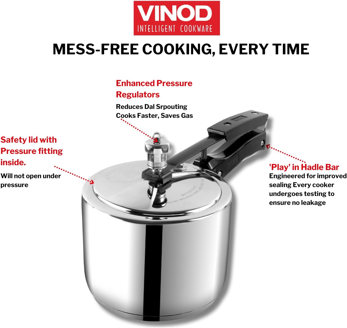Vinod Stainless Steel Inner Lid Pressure Cooker with Sandwich Base Induction and Gas Compatible 118.5 oz ISI & CE Certified 2-Year - Image 5