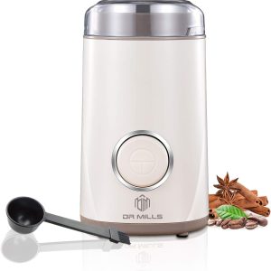 DR MILLS DM-7441W Coffee Grinder Electric, Coffee Bean and Dried Spice Grinder, One Touch Operation, Blade and Cup Made with SUS304 Stainless Steel (White)