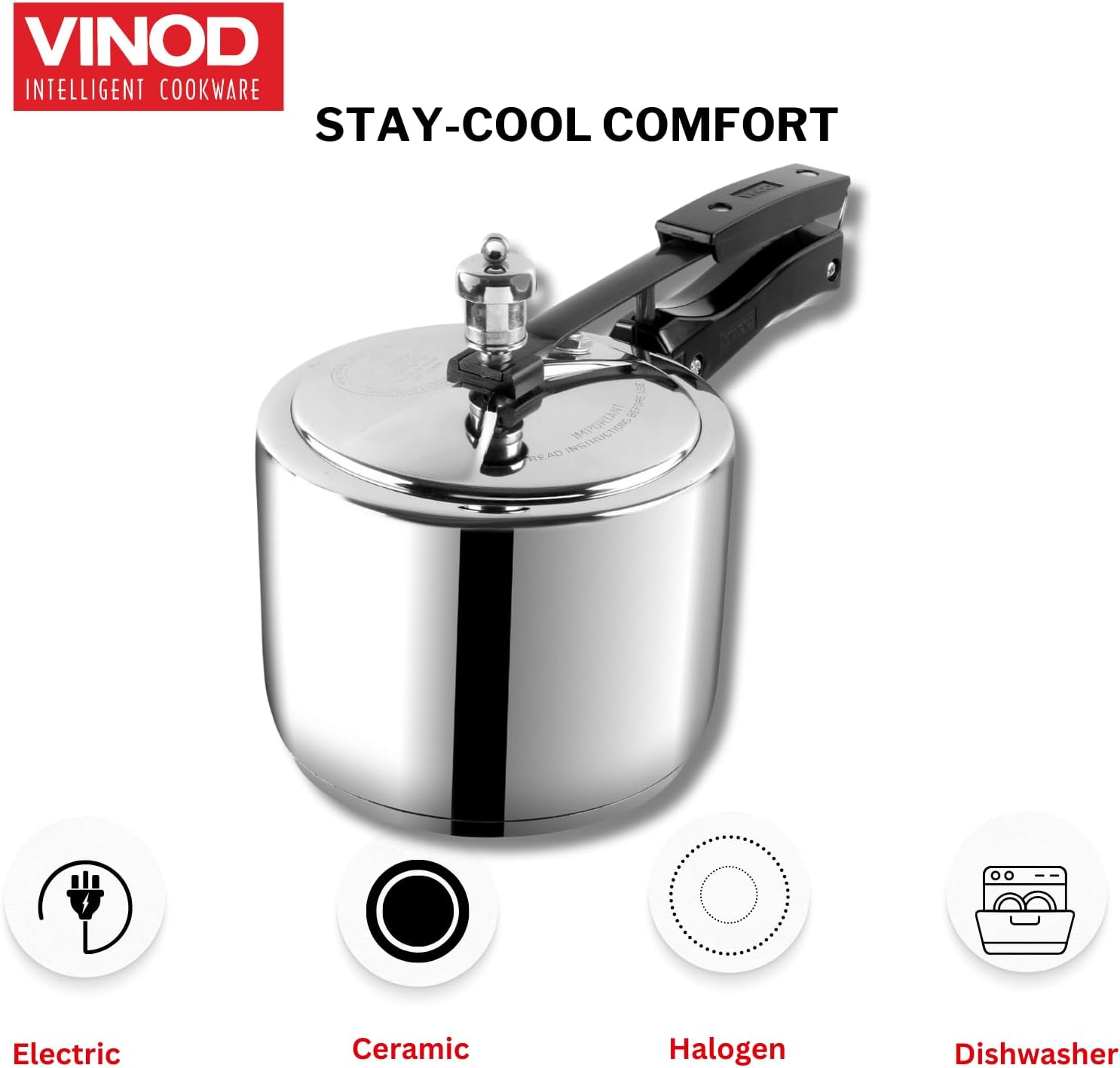 Vinod Stainless Steel Inner Lid Pressure Cooker with Sandwich Base Induction and Gas Compatible 118.5 oz ISI & CE Certified 2-Year - Image 3
