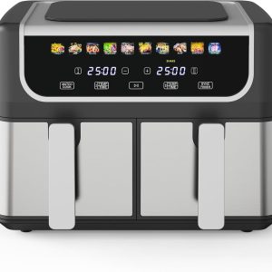 NEWBULIG Dual Air Fryer with 2 Baskets 9.5 QT, 10 in 1 Large Air Fryers with Ceramic Crisper Plate, Match Cook, Sync Finish, Shake Reminder, 80-450°F Wide Temp, Roast, Defrost, Dehydrate, Bake, Black