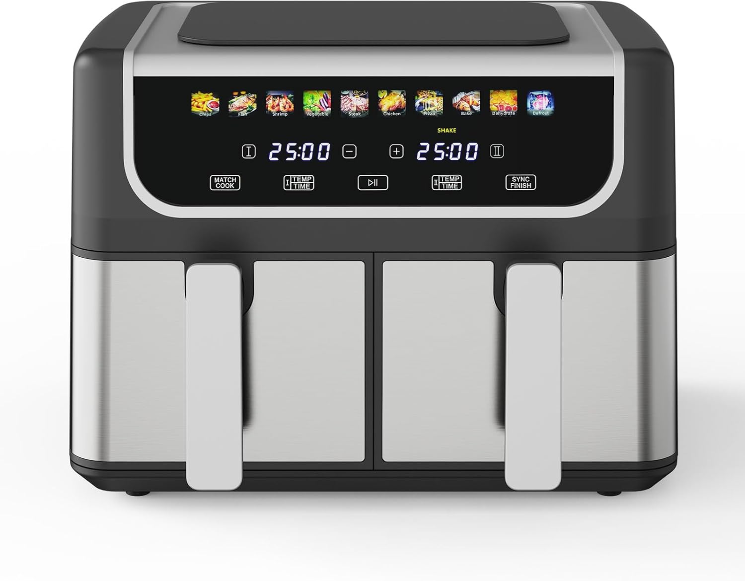 NEWBULIG Dual Air Fryer with 2 Baskets 9.5 QT, 10 in 1 Large Air Fryers with Ceramic Crisper Plate, Match Cook, Sync Finish, Shake Reminder, 80-450°F Wide Temp, Roast, Defrost, Dehydrate, Bake, Black