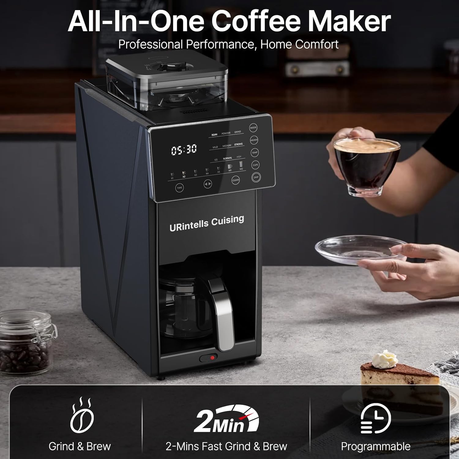 URintells Cuising Coffee Maker with Grinder, 22OZ Drip Coffee Maker with Glass Carafe and Removable Filter, Programmable Hot and Cold Bean to Cup Coffee Machine with Timer, Auto Shut Off - Image 2