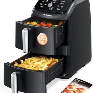 12QT Large Double Air Fryer, 10-in-1 Dual Airfryer with 2 Baskets & SyncHeat Tech for Even Cooking, Stacked Compact Design, Smart Finish & Match Cook, PFAS-Free Nonstick, Dishwasher Safe, Black