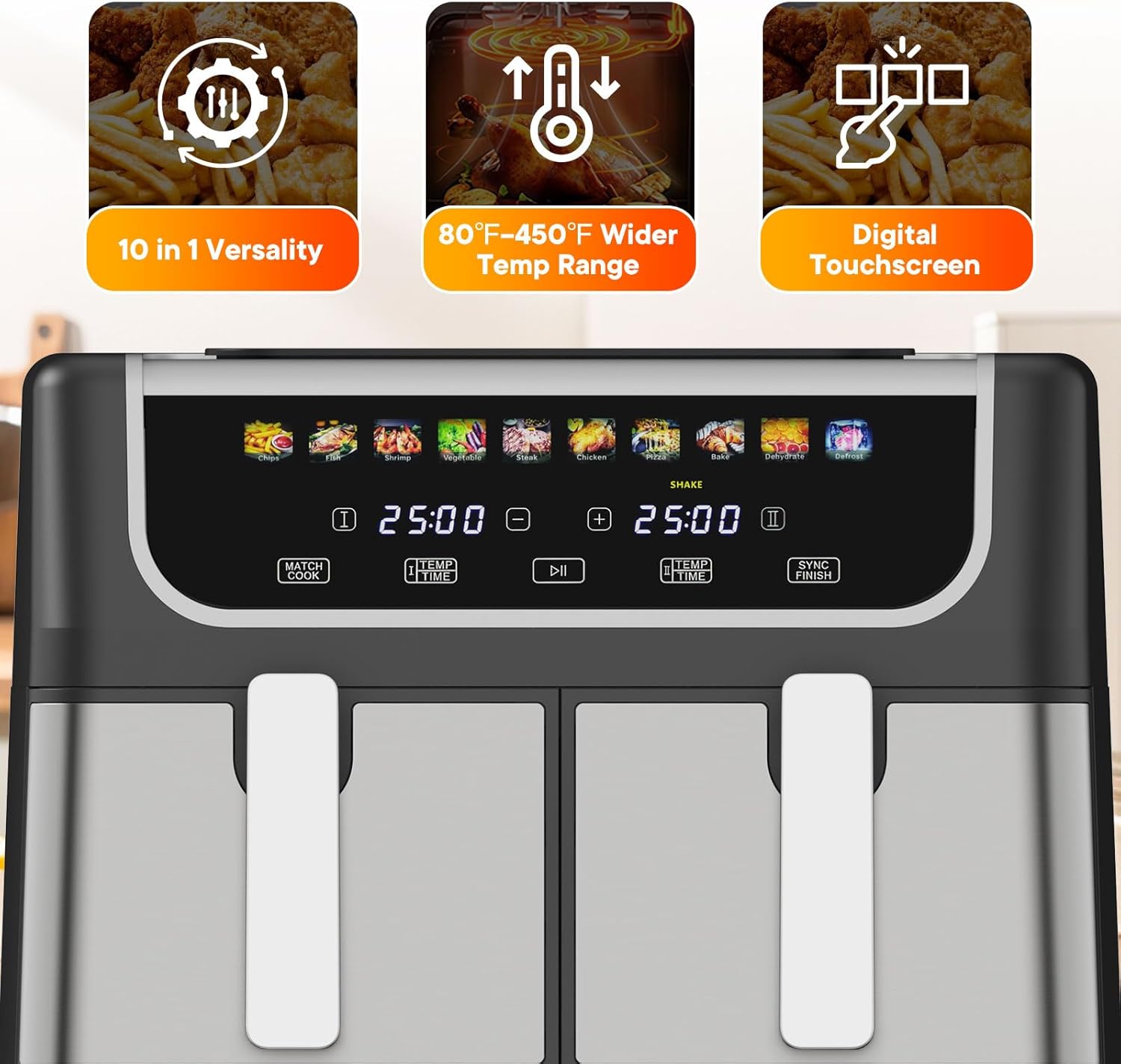 NEWBULIG Dual Air Fryer with 2 Baskets 9.5 QT, 10 in 1 Large Air Fryers with Ceramic Crisper Plate, Match Cook, Sync Finish, Shake Reminder, 80-450°F Wide Temp, Roast, Defrost, Dehydrate, Bake, Black - Image 3