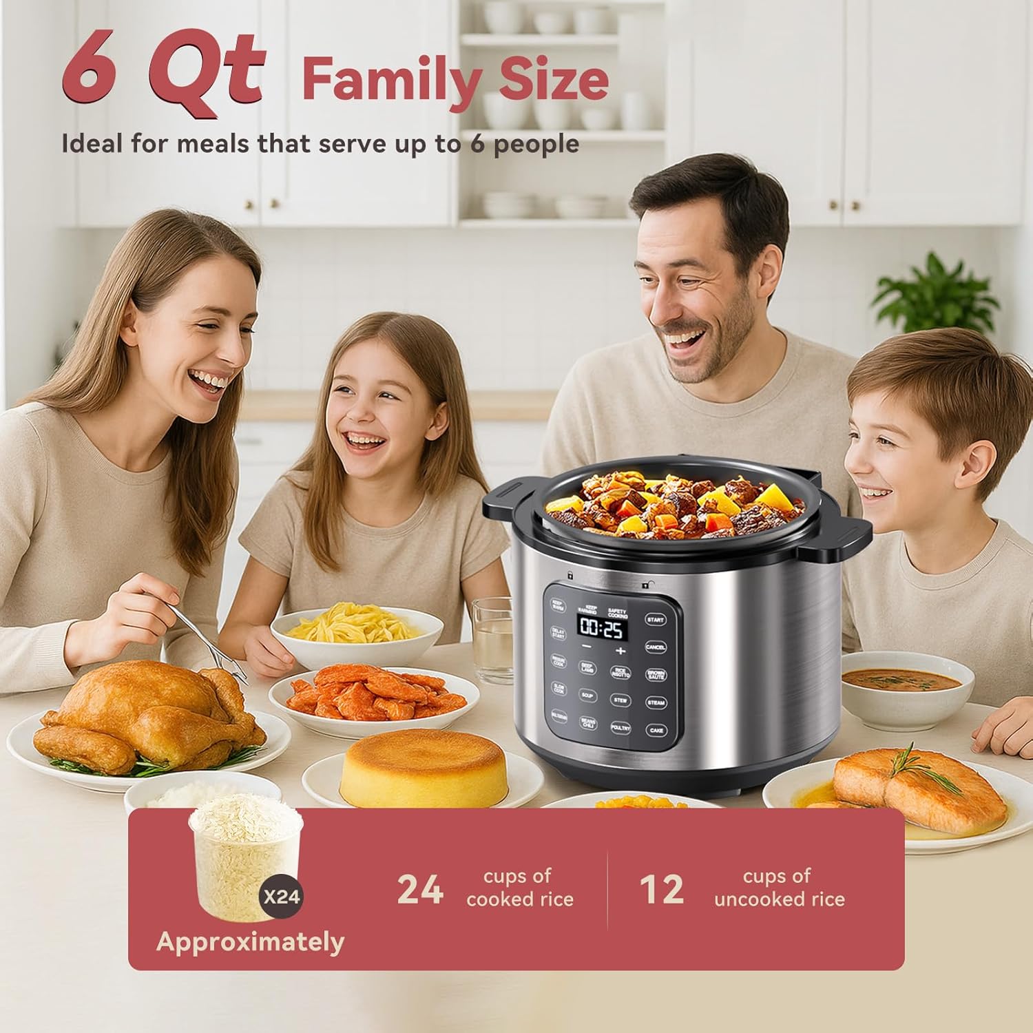 Electric Pressure Cooker 6 Qt, 9 Functions Programmable Instant Pot with IMD Touchscreen, Rice Cook, Slow Cook, Steam, Sauté, Warm, 16+ Safety Features, 1000W Silver - Image 3