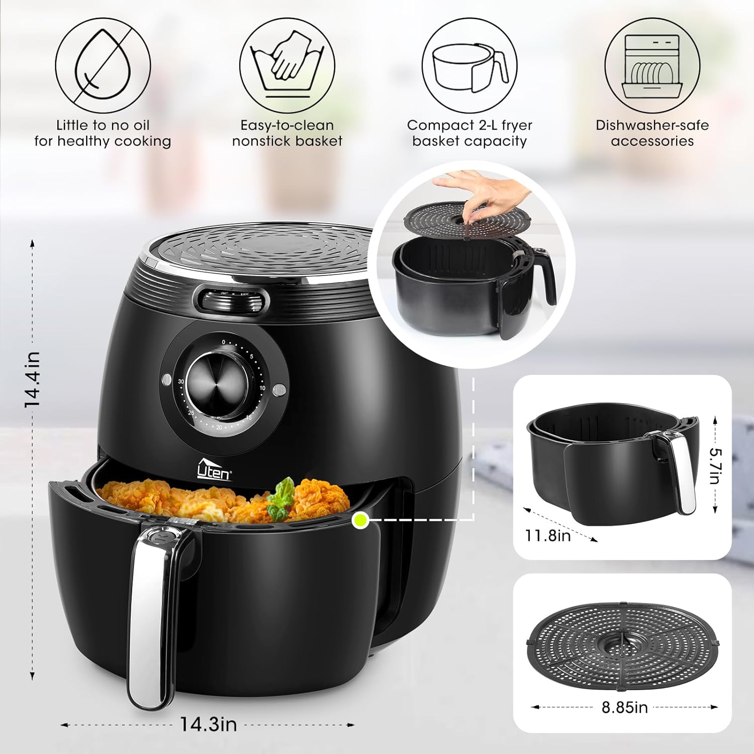 Air Fryer 5.8QT/5.5L, Uten 1700W AirFryer High-Power Electric Hot Temperature Control & Timer Knob, Non Stick Fry Basket, Dishwasher Safe, Apply to Party, Afternoon Tea, Black - Image 2