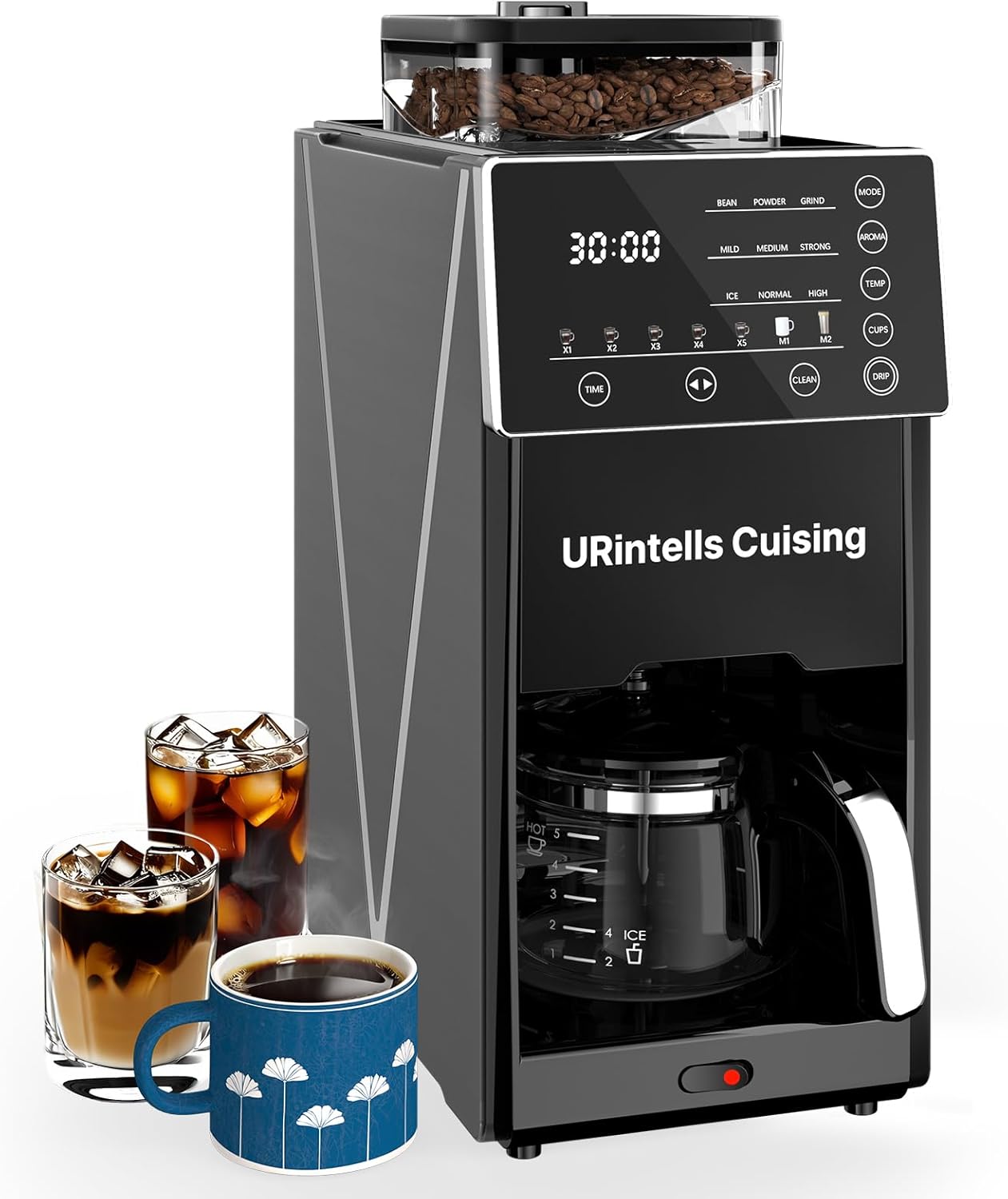 URintells Cuising Coffee Maker with Grinder, 22OZ Drip Coffee Maker with Glass Carafe and Removable Filter, Programmable Hot and Cold Bean to Cup Coffee Machine with Timer, Auto Shut Off