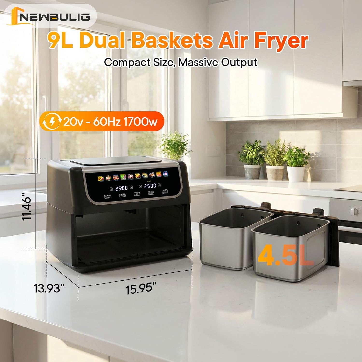 NEWBULIG Dual Air Fryer with 2 Baskets 9.5 QT, 10 in 1 Large Air Fryers with Ceramic Crisper Plate, Match Cook, Sync Finish, Shake Reminder, 80-450°F Wide Temp, Roast, Defrost, Dehydrate, Bake, Black - Image 9