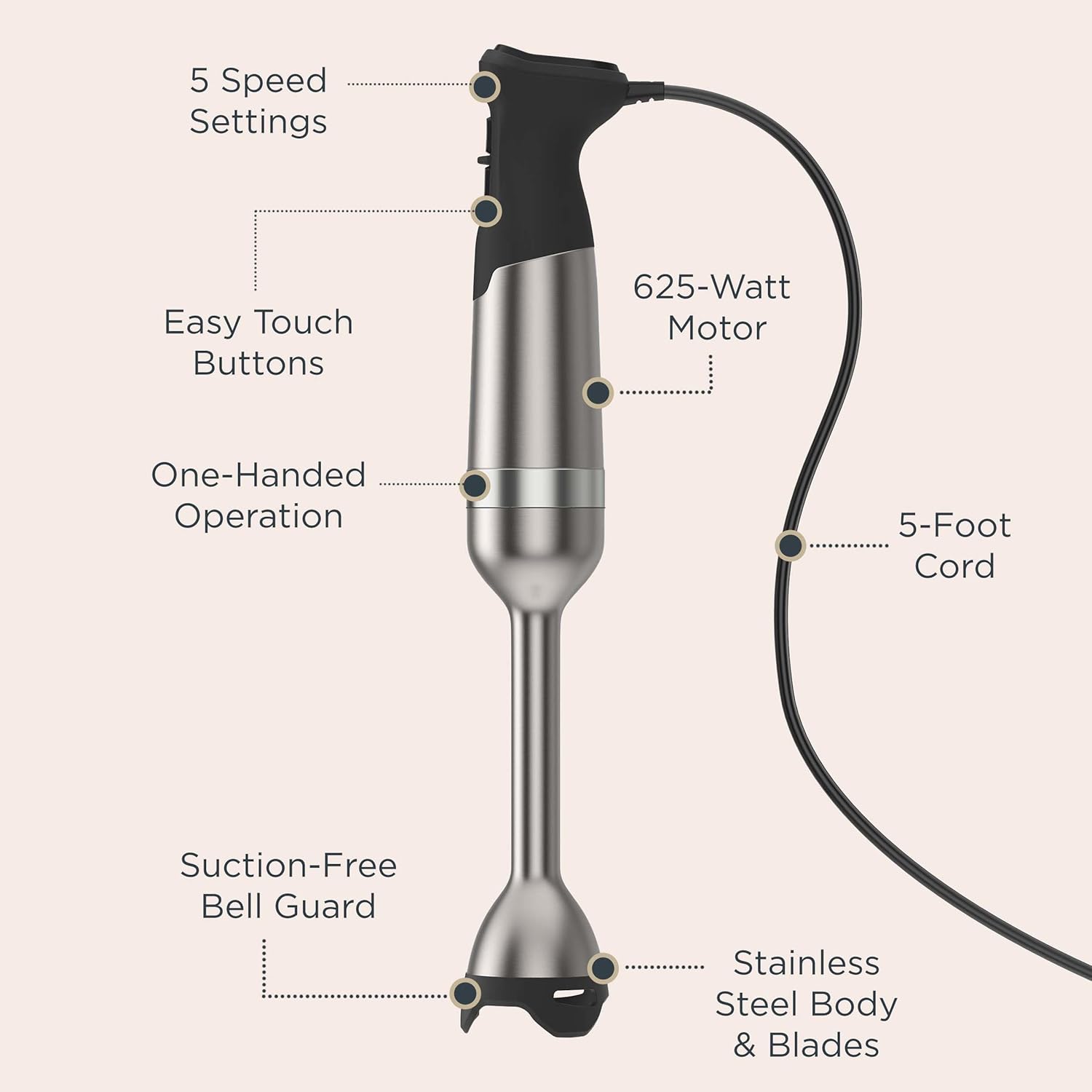 Vitamix 5-Speed Immersion Blender, Professional-Grade Hand Blender with 625-Watt Motor and Stainless-Steel Blade, Stainless Steel/Black - Image 4