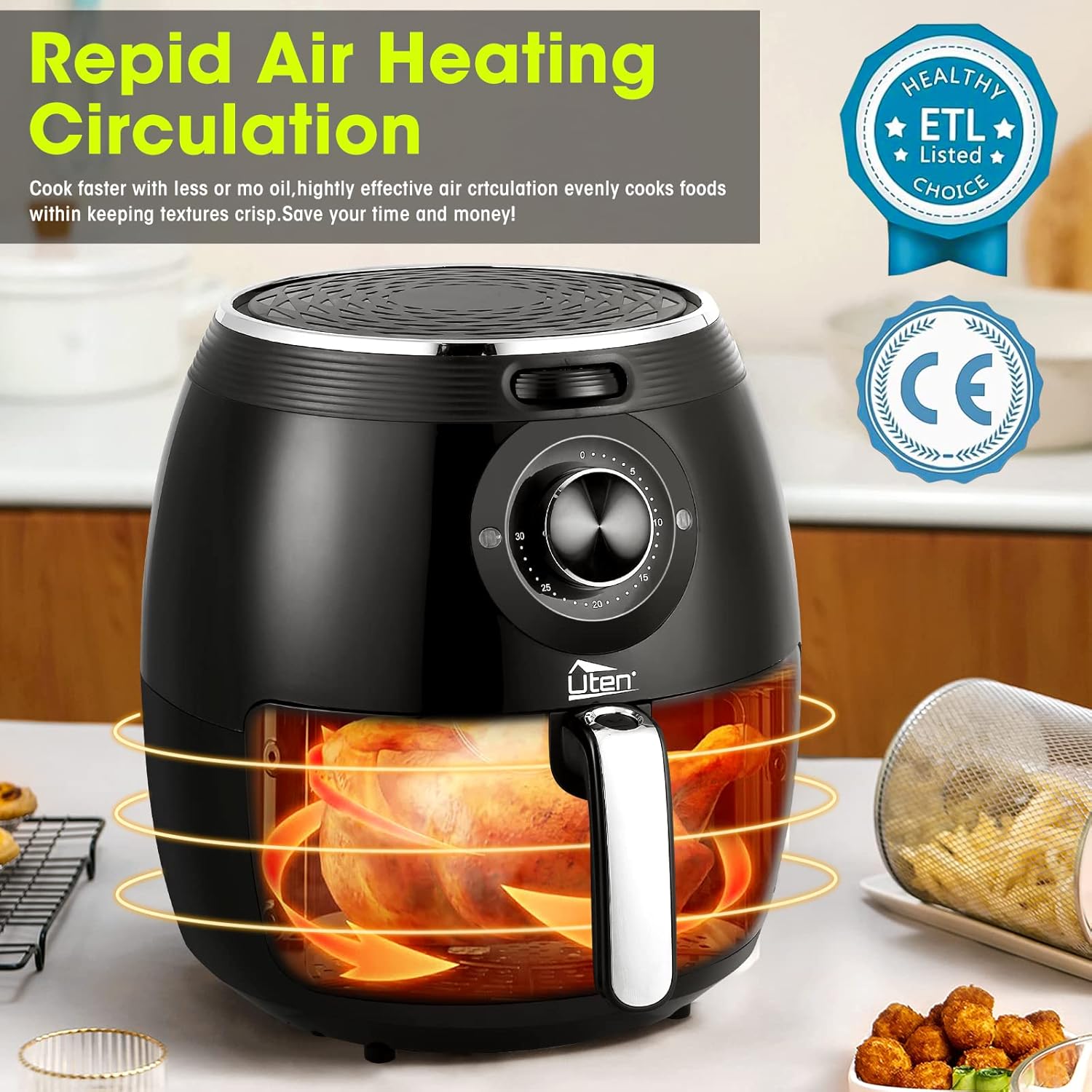 Air Fryer 5.8QT/5.5L, Uten 1700W AirFryer High-Power Electric Hot Temperature Control & Timer Knob, Non Stick Fry Basket, Dishwasher Safe, Apply to Party, Afternoon Tea, Black - Image 3