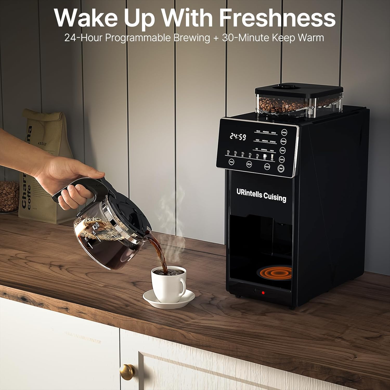 URintells Cuising Coffee Maker with Grinder, 22OZ Drip Coffee Maker with Glass Carafe and Removable Filter, Programmable Hot and Cold Bean to Cup Coffee Machine with Timer, Auto Shut Off - Image 5