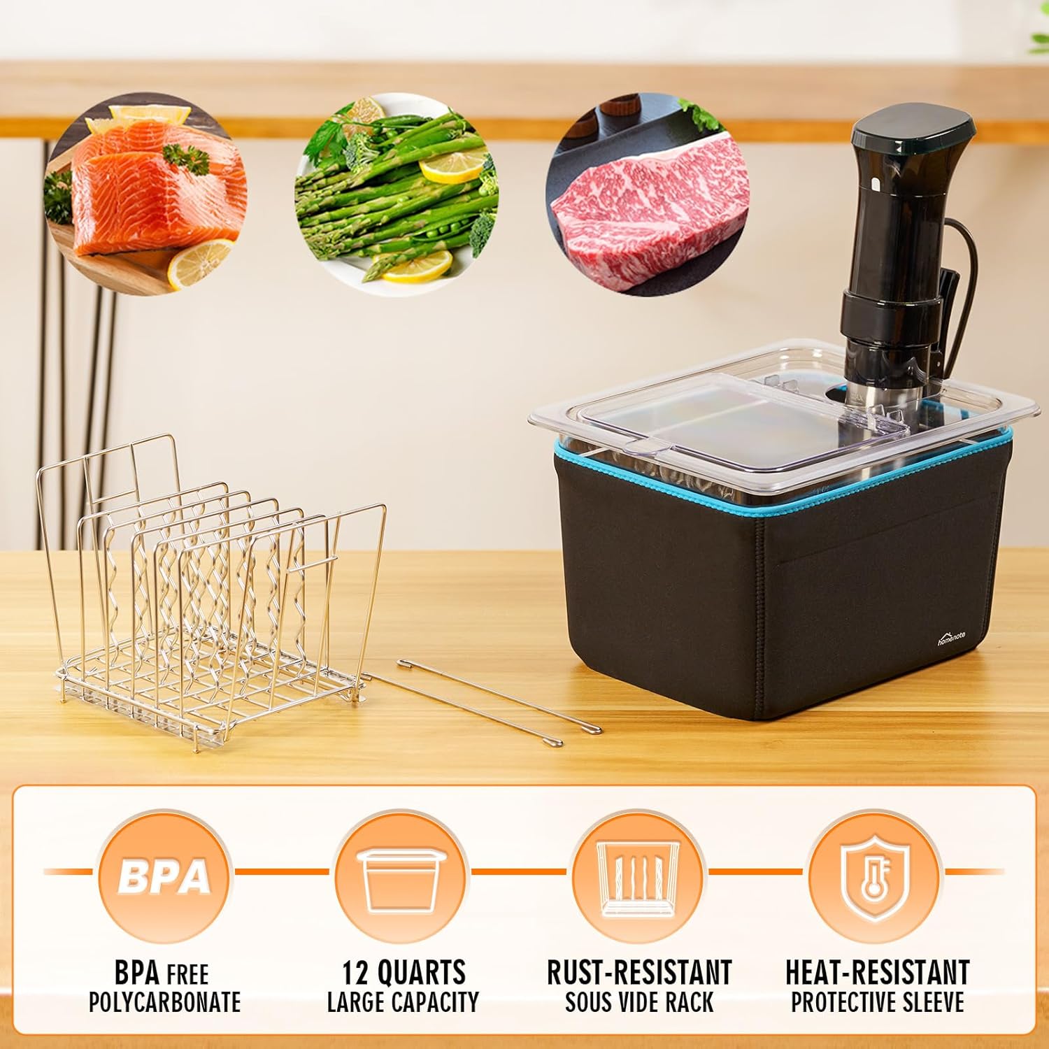 HOMENOTE Sous Vide Container 12 Quart with Universal Collapsible Hinged Lid,Complete Sous Vide Accessories Kit BPA Free,Compatible with Anova and Most Sous Vide Cookers(With Rack and Sleeve) - Image 4