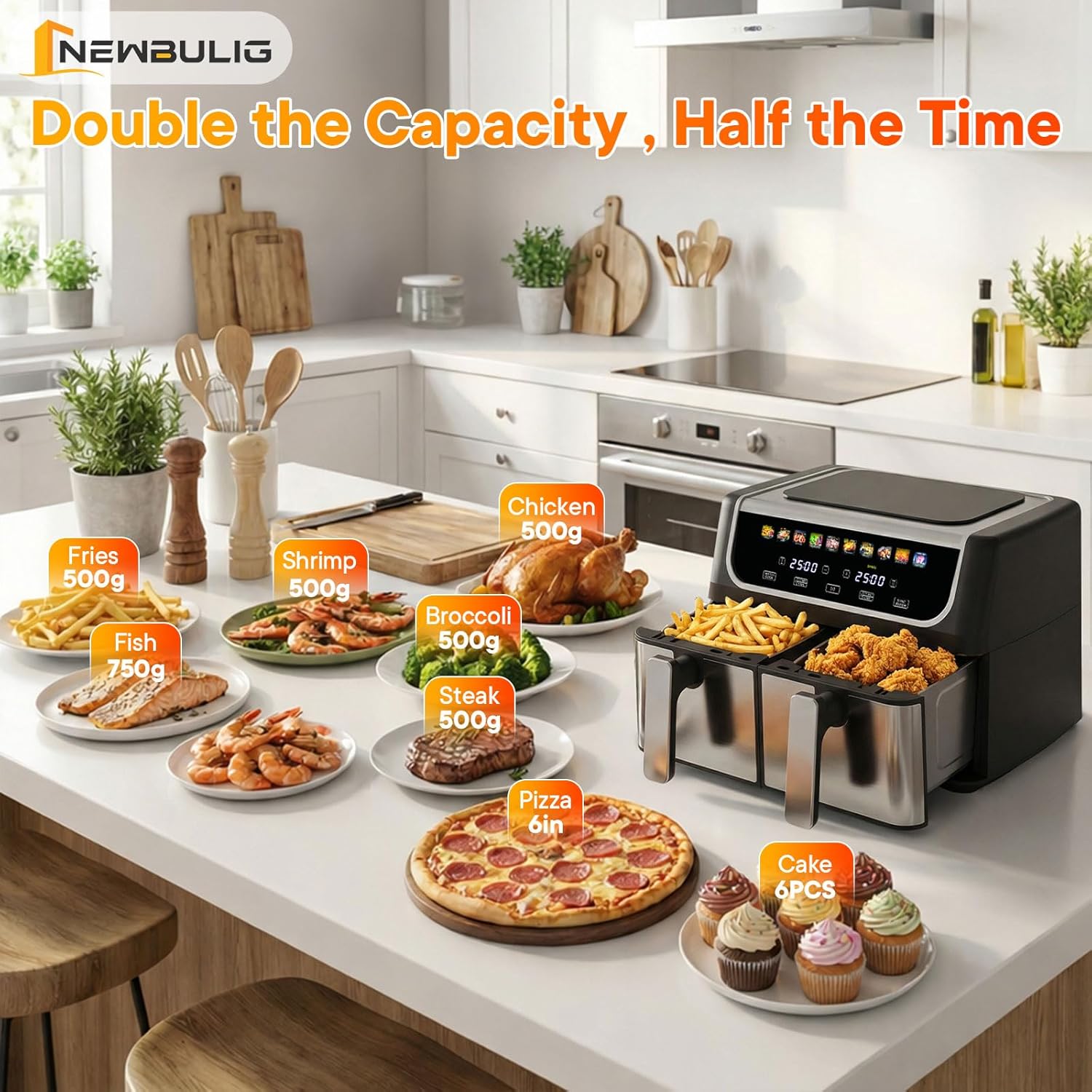 NEWBULIG Dual Air Fryer with 2 Baskets 9.5 QT, 10 in 1 Large Air Fryers with Ceramic Crisper Plate, Match Cook, Sync Finish, Shake Reminder, 80-450°F Wide Temp, Roast, Defrost, Dehydrate, Bake, Black - Image 8