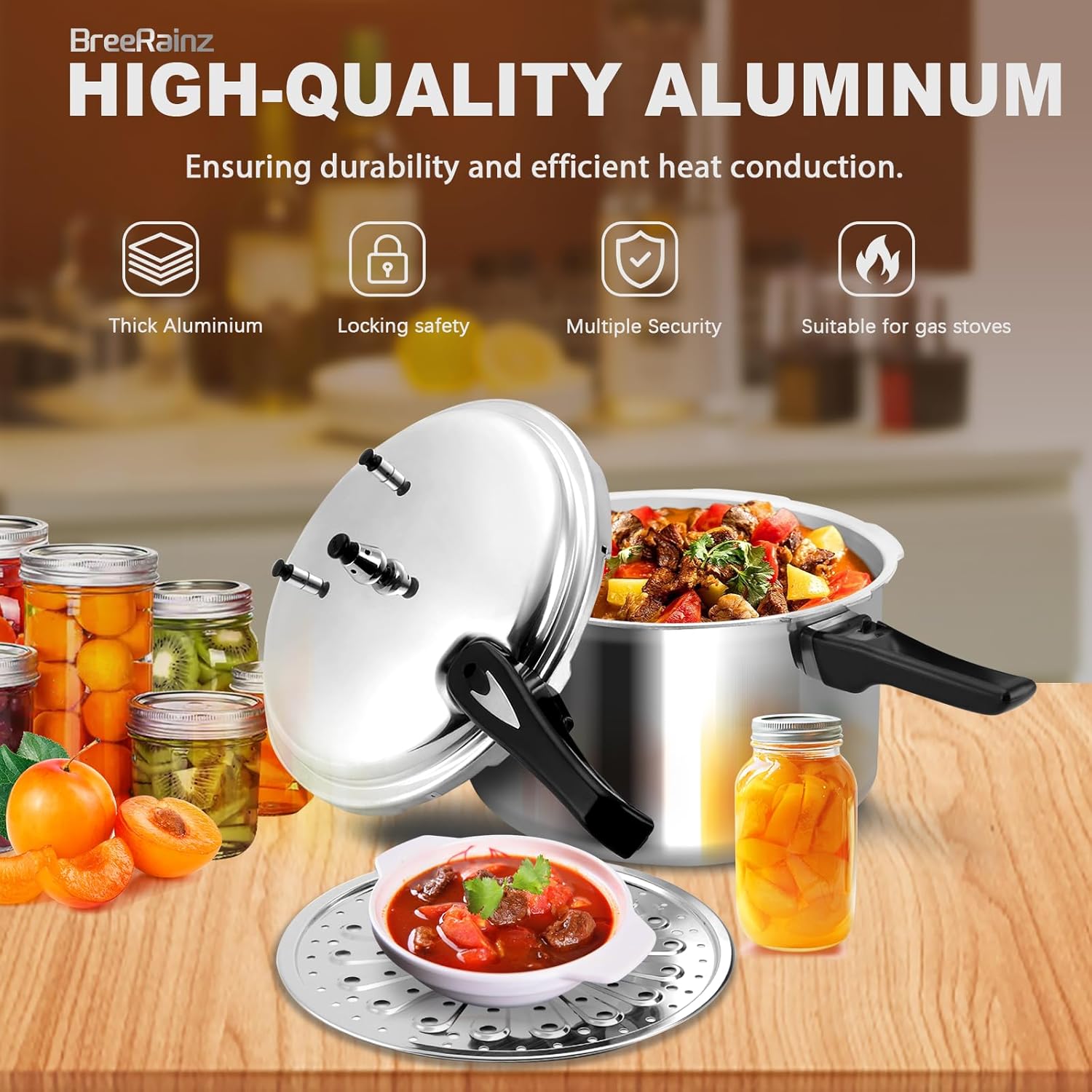 BreeRainz 12 Quart Pressure Cooker, Aluminum Pressure Canner w/Cooking Rack for Steaming,Canning and Stewing, Silver - Image 2