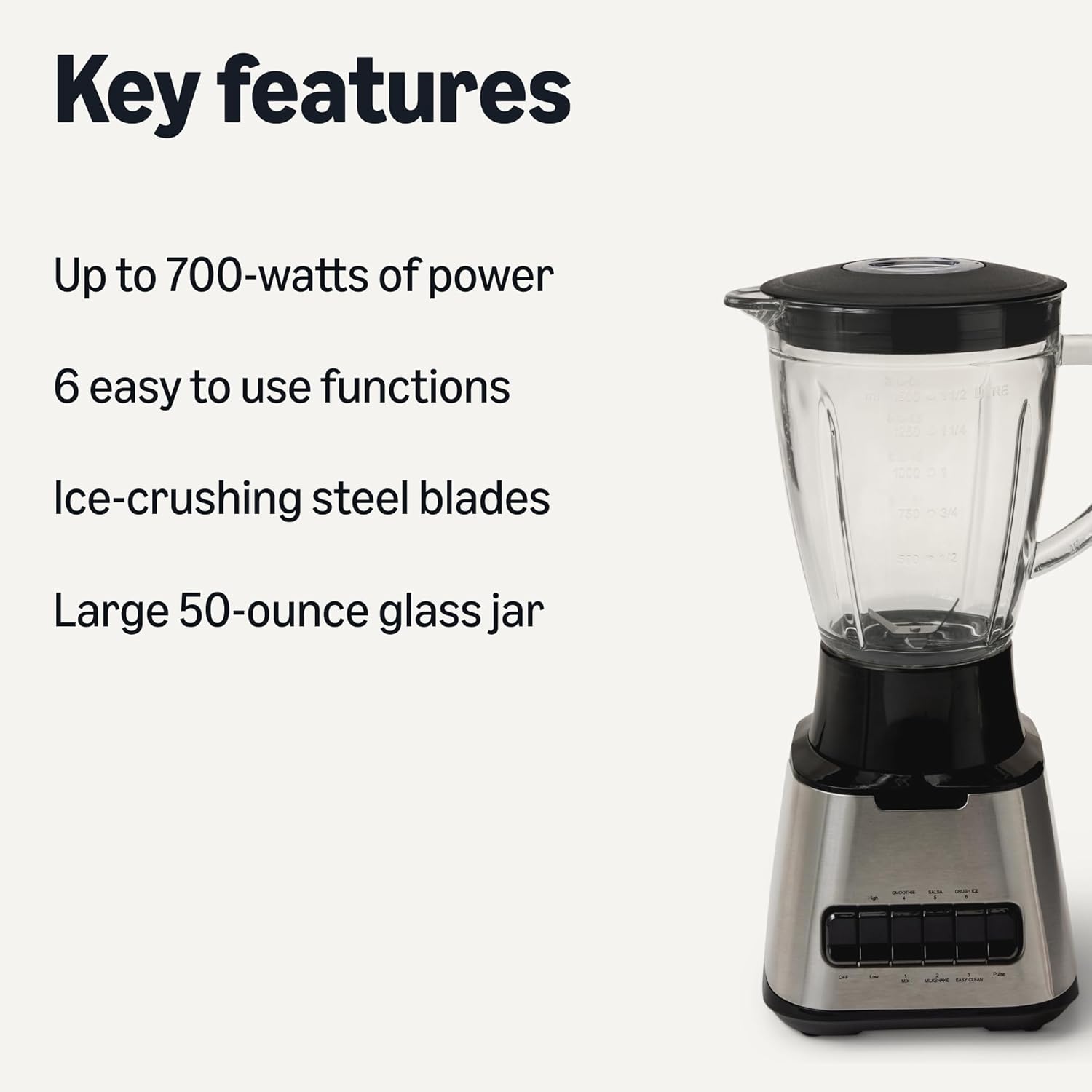 Amazon Basics Powerful 700W Countertop Blender with 6-Cup (50 Fl. Oz) Glass Jar, 6 Pre-Programmed Functions, Ice Crush, Stainless Steel Blades, Black & Silver - Image 2