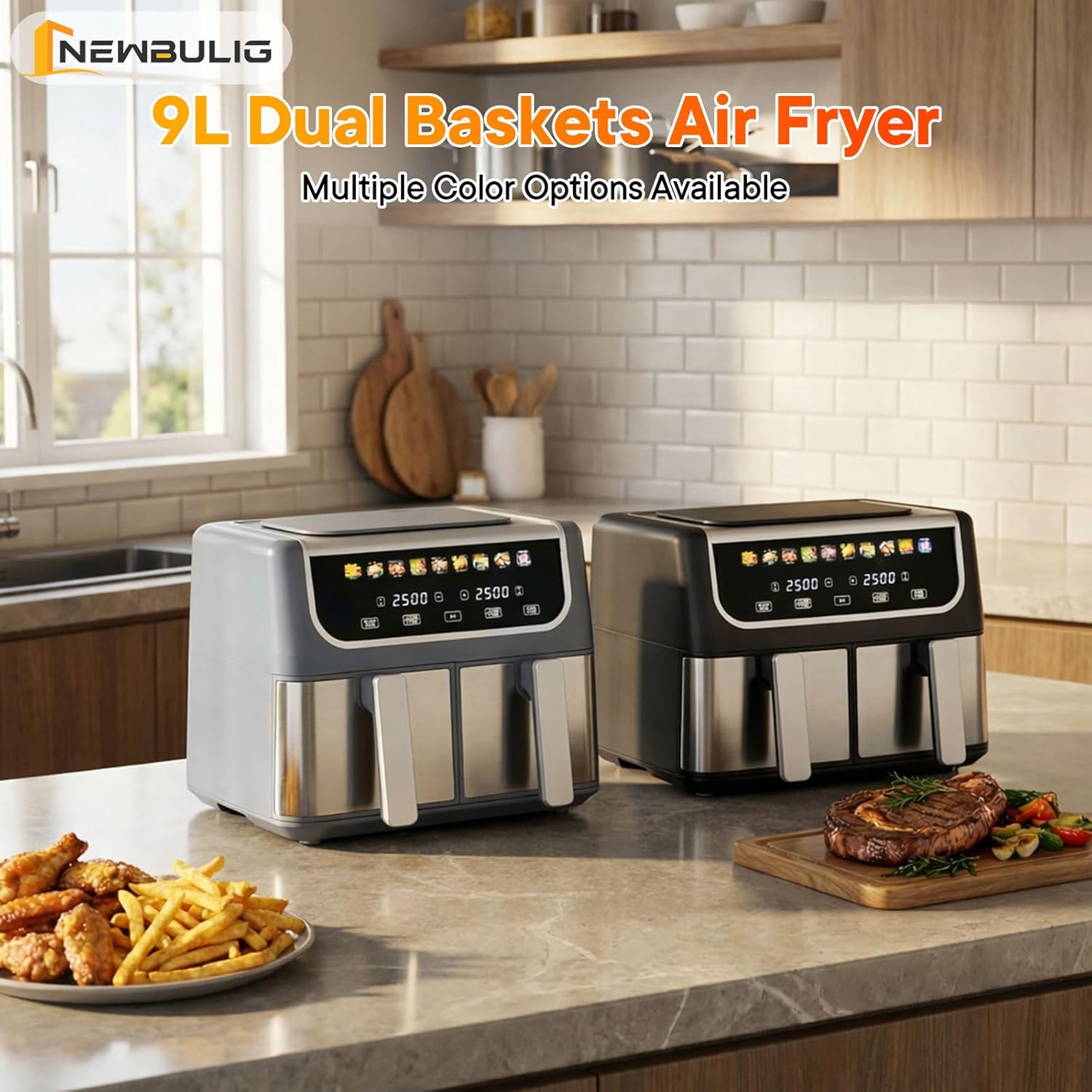 NEWBULIG Dual Air Fryer with 2 Baskets 9.5 QT, 10 in 1 Large Air Fryers with Ceramic Crisper Plate, Match Cook, Sync Finish, Shake Reminder, 80-450°F Wide Temp, Roast, Defrost, Dehydrate, Bake, Black - Image 10