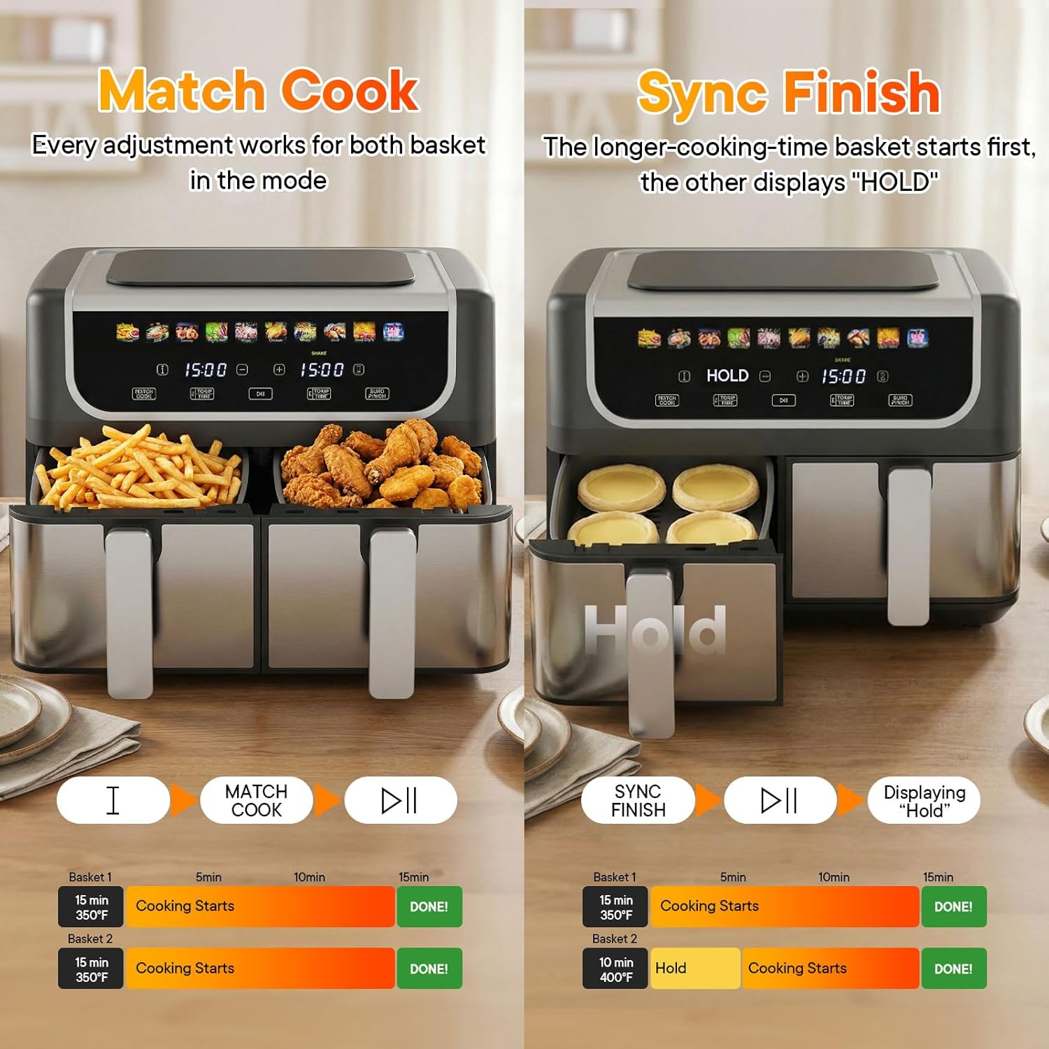 NEWBULIG Dual Air Fryer with 2 Baskets 9.5 QT, 10 in 1 Large Air Fryers with Ceramic Crisper Plate, Match Cook, Sync Finish, Shake Reminder, 80-450°F Wide Temp, Roast, Defrost, Dehydrate, Bake, Black - Image 4