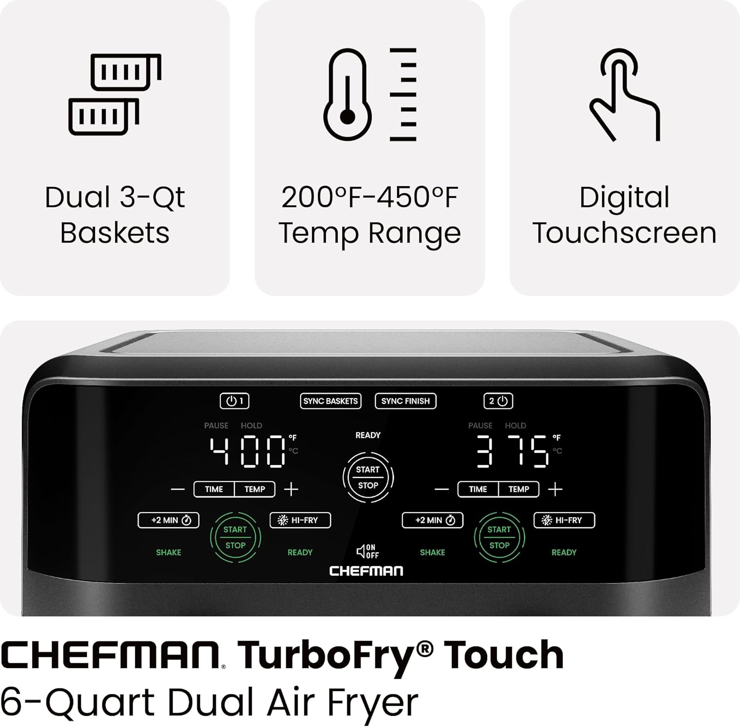 Chefman 6 Quart Dual Basket Air Fryer - Digital Touchscreen, Smart Sync Finish, Hi-Fry, Auto Shutoff, 2 Independent 3QT Nonstick Dishwasher-Safe Frying Baskets - Digital Double Air Fryer - Black - Image 4