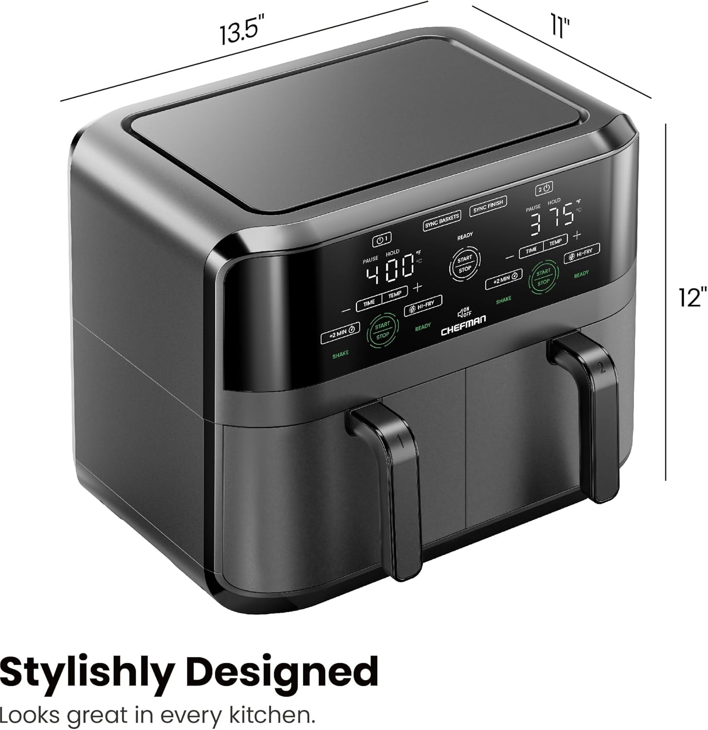 Chefman 6 Quart Dual Basket Air Fryer - Digital Touchscreen, Smart Sync Finish, Hi-Fry, Auto Shutoff, 2 Independent 3QT Nonstick Dishwasher-Safe Frying Baskets - Digital Double Air Fryer - Black - Image 9