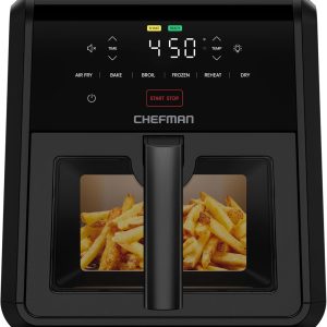 Chefman Air Fryer TurboFry 7-Qt, 6-in-1 High-Powered 450°F Cooking for Crispier Results, Compact Space-Saving Design, Air Fry, Bake, Broil, Reheat, Dehydrate, Defrost, Fast & Even Cooking – Black
