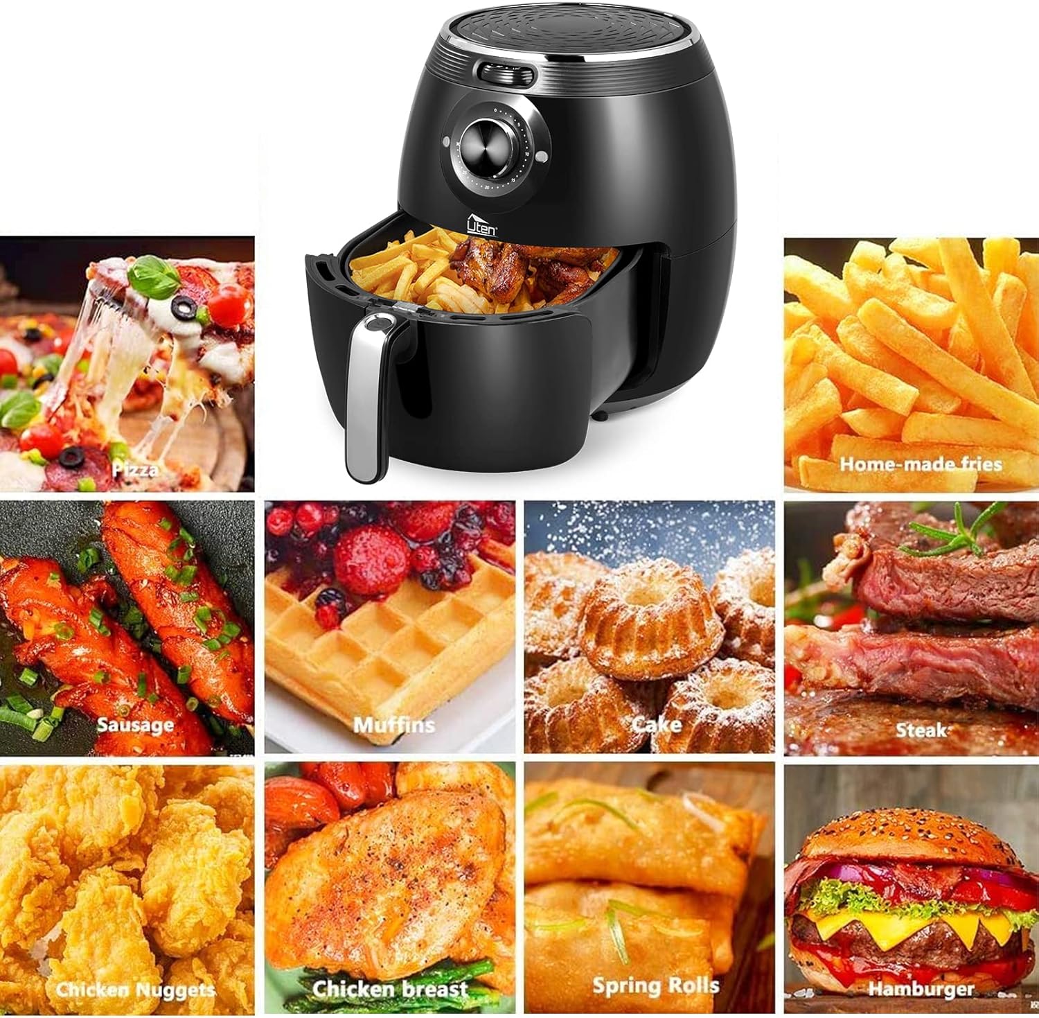 Air Fryer 5.8QT/5.5L, Uten 1700W AirFryer High-Power Electric Hot Temperature Control & Timer Knob, Non Stick Fry Basket, Dishwasher Safe, Apply to Party, Afternoon Tea, Black - Image 9