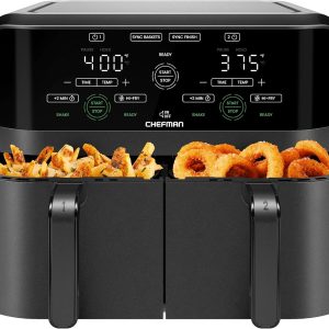 Chefman 6 Quart Dual Basket Air Fryer - Digital Touchscreen, Smart Sync Finish, Hi-Fry, Auto Shutoff, 2 Independent 3QT Nonstick Dishwasher-Safe Frying Baskets - Digital Double Air Fryer - Black