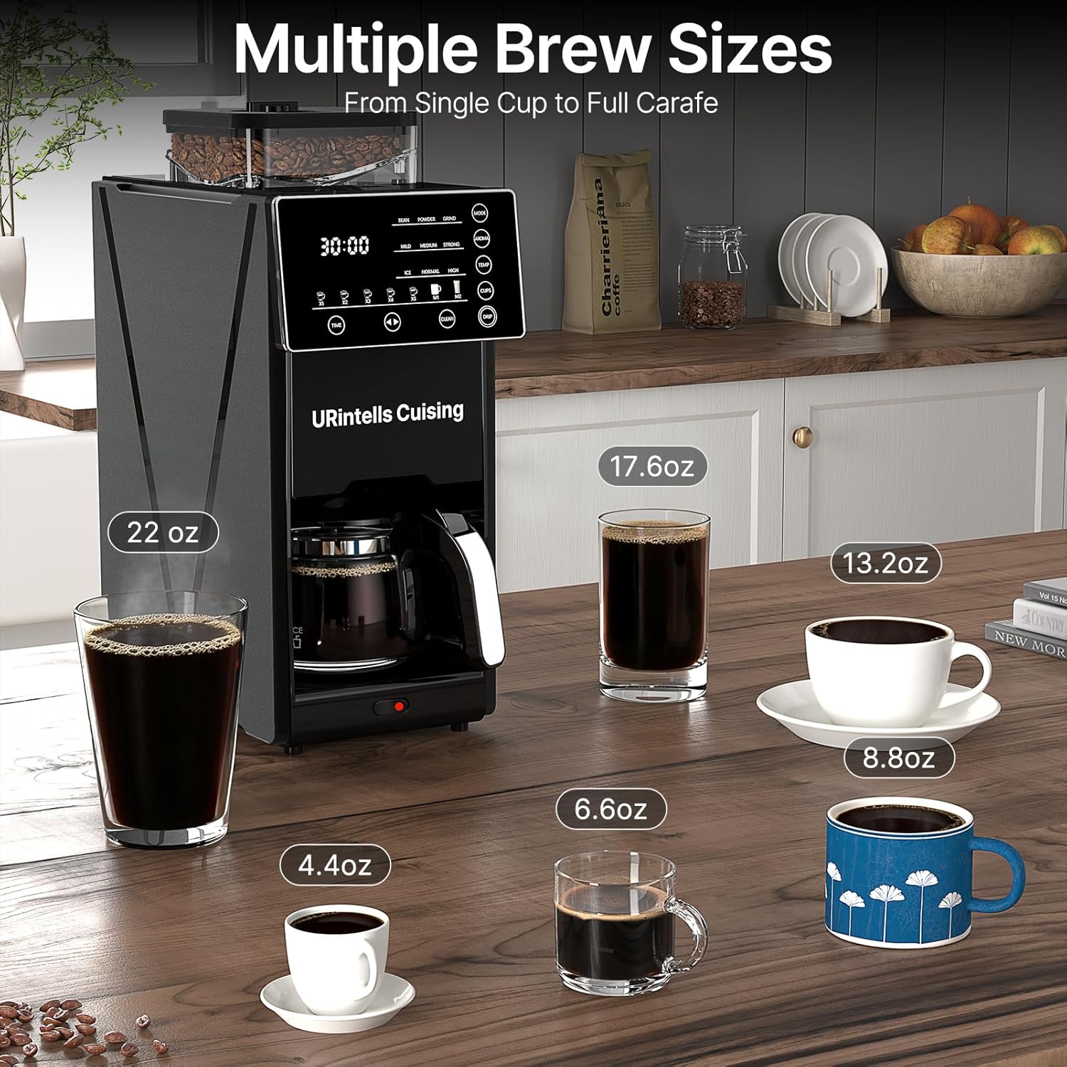 URintells Cuising Coffee Maker with Grinder, 22OZ Drip Coffee Maker with Glass Carafe and Removable Filter, Programmable Hot and Cold Bean to Cup Coffee Machine with Timer, Auto Shut Off - Image 9