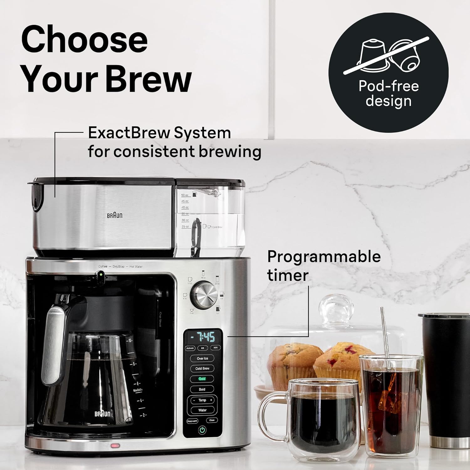 Braun MultiServe Plus 10-Cup Drip Coffee Maker - Hot & Cold Multi-Serve Brewer with Timer and Auto Start, Hot Water Dispenser, Over Ice Function, Stainless Steel & Pod-Free Design, KF9370SI - Image 7