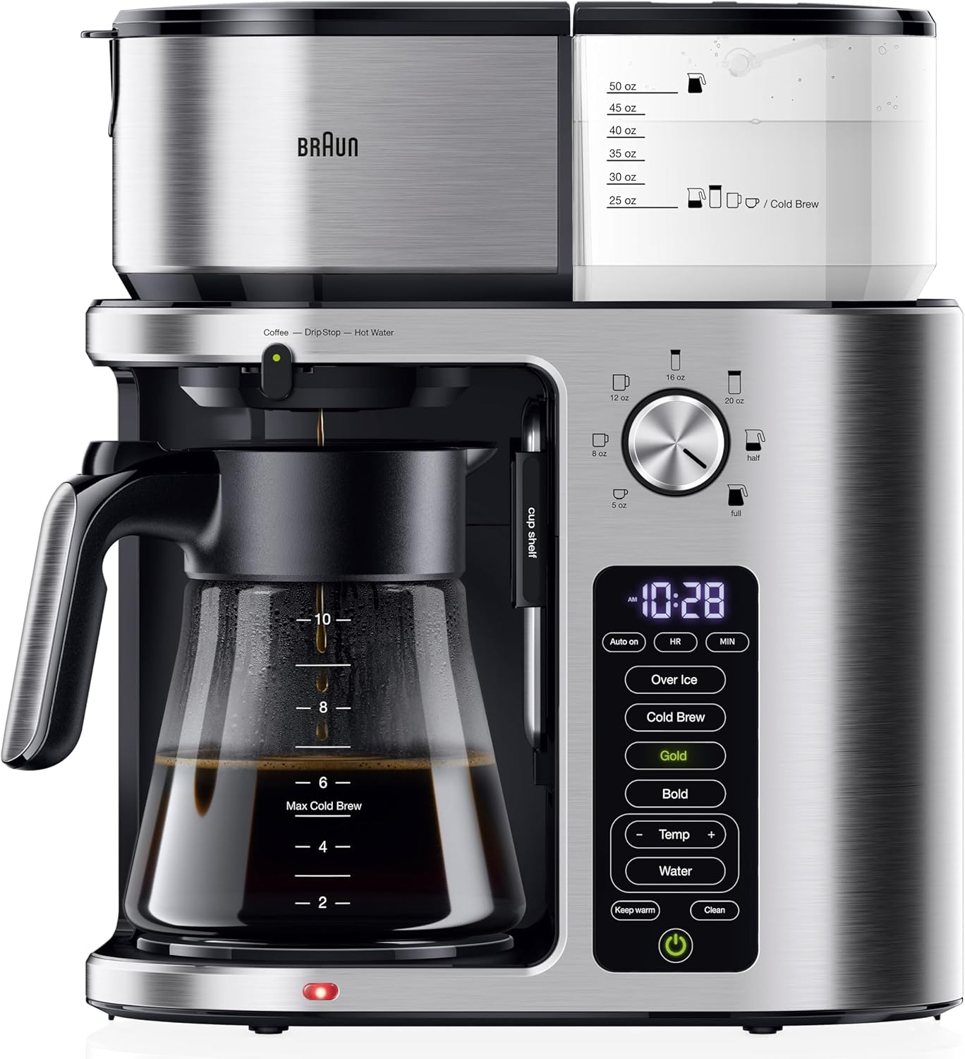 Braun MultiServe Plus 10-Cup Drip Coffee Maker - Hot & Cold Multi-Serve Brewer with Timer and Auto Start, Hot Water Dispenser, Over Ice Function, Stainless Steel & Pod-Free Design, KF9370SI