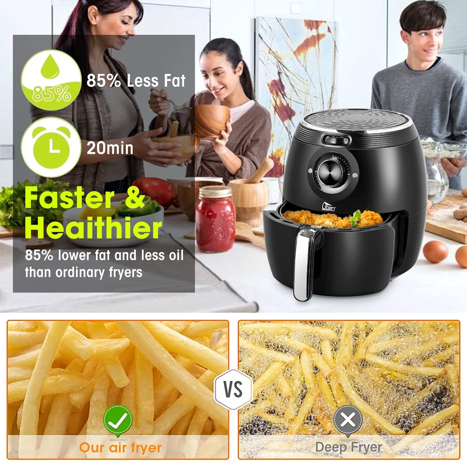 Air Fryer 5.8QT/5.5L, Uten 1700W AirFryer High-Power Electric Hot Temperature Control & Timer Knob, Non Stick Fry Basket, Dishwasher Safe, Apply to Party, Afternoon Tea, Black - Image 4