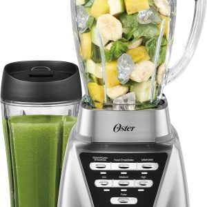 Oster Pro 1200 Smoothie Blender with Glass Jar & 24oz To-Go Cup, Countertop Kitchen Blender with 7 Speeds, 1200W Power, Brushed Nickel