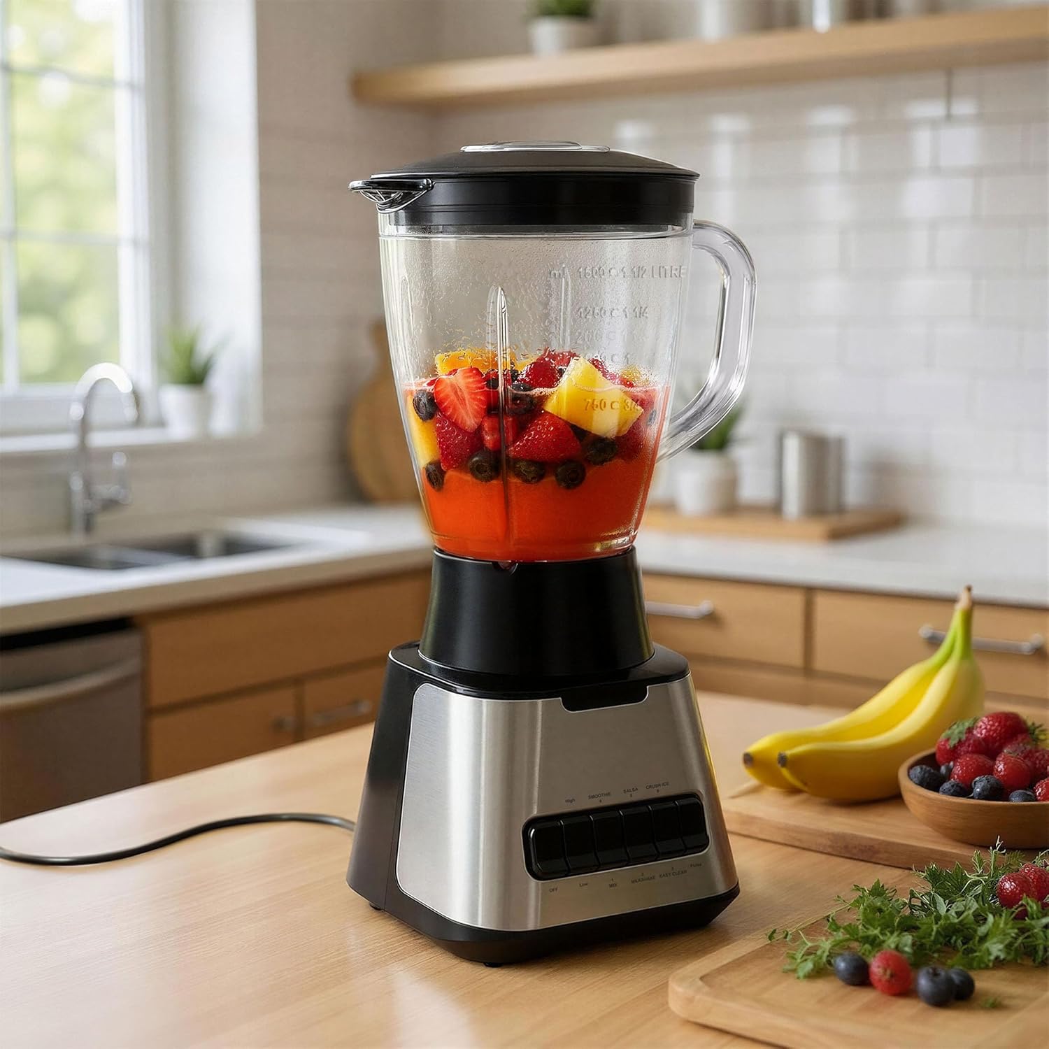 Amazon Basics Powerful 700W Countertop Blender with 6-Cup (50 Fl. Oz) Glass Jar, 6 Pre-Programmed Functions, Ice Crush, Stainless Steel Blades, Black & Silver - Image 4