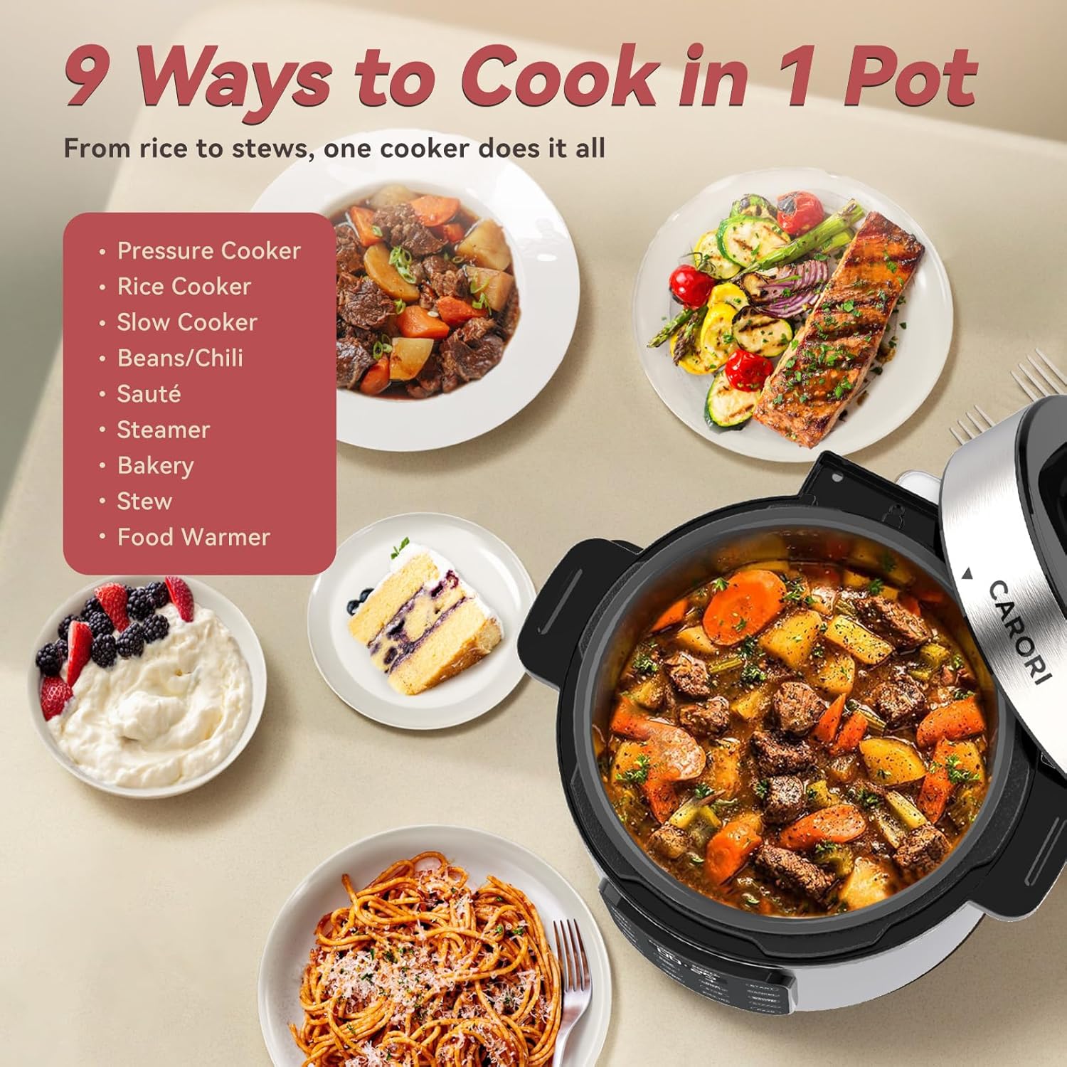 Electric Pressure Cooker 6 Qt, 9 Functions Programmable Instant Pot with IMD Touchscreen, Rice Cook, Slow Cook, Steam, Sauté, Warm, 16+ Safety Features, 1000W Silver - Image 2