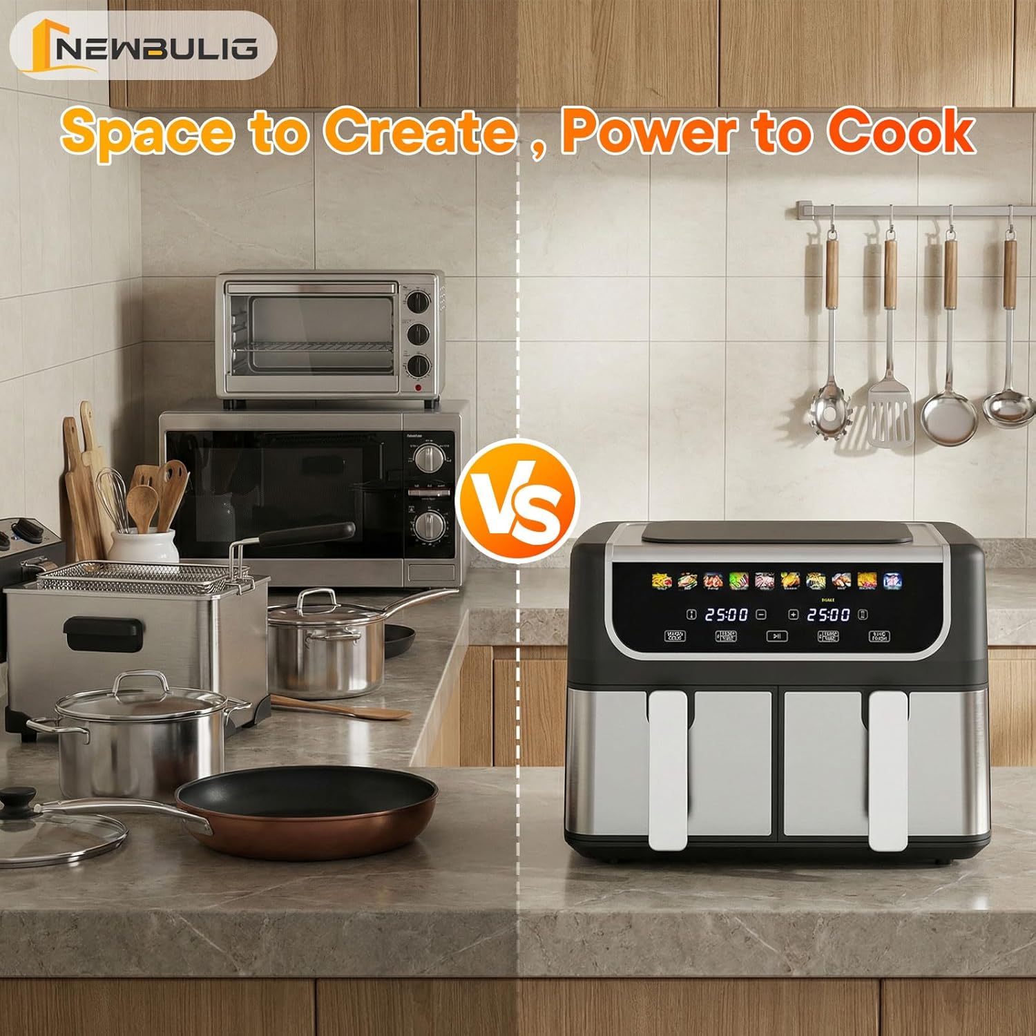 NEWBULIG Dual Air Fryer with 2 Baskets 9.5 QT, 10 in 1 Large Air Fryers with Ceramic Crisper Plate, Match Cook, Sync Finish, Shake Reminder, 80-450°F Wide Temp, Roast, Defrost, Dehydrate, Bake, Black - Image 6