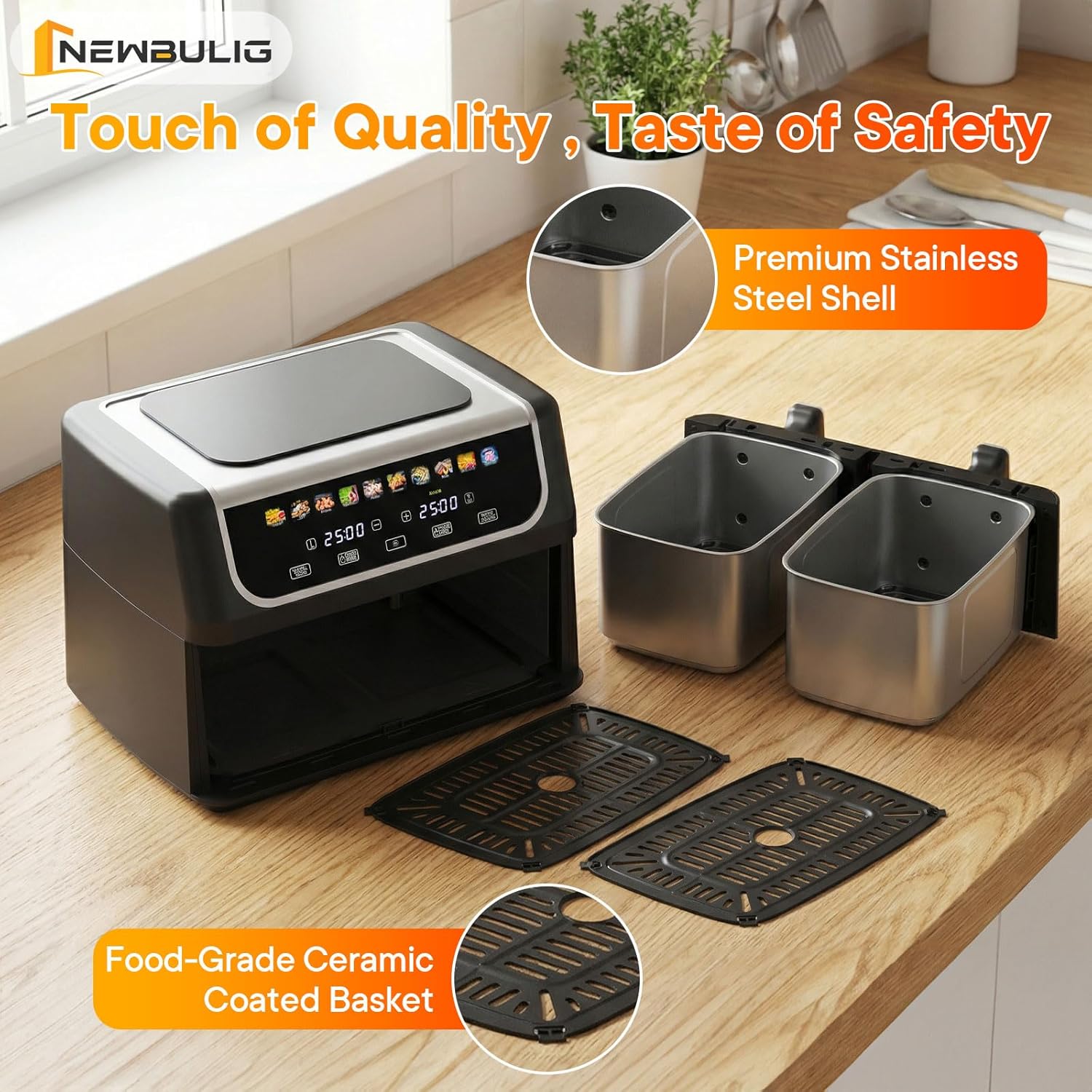 NEWBULIG Dual Air Fryer with 2 Baskets 9.5 QT, 10 in 1 Large Air Fryers with Ceramic Crisper Plate, Match Cook, Sync Finish, Shake Reminder, 80-450°F Wide Temp, Roast, Defrost, Dehydrate, Bake, Black - Image 7