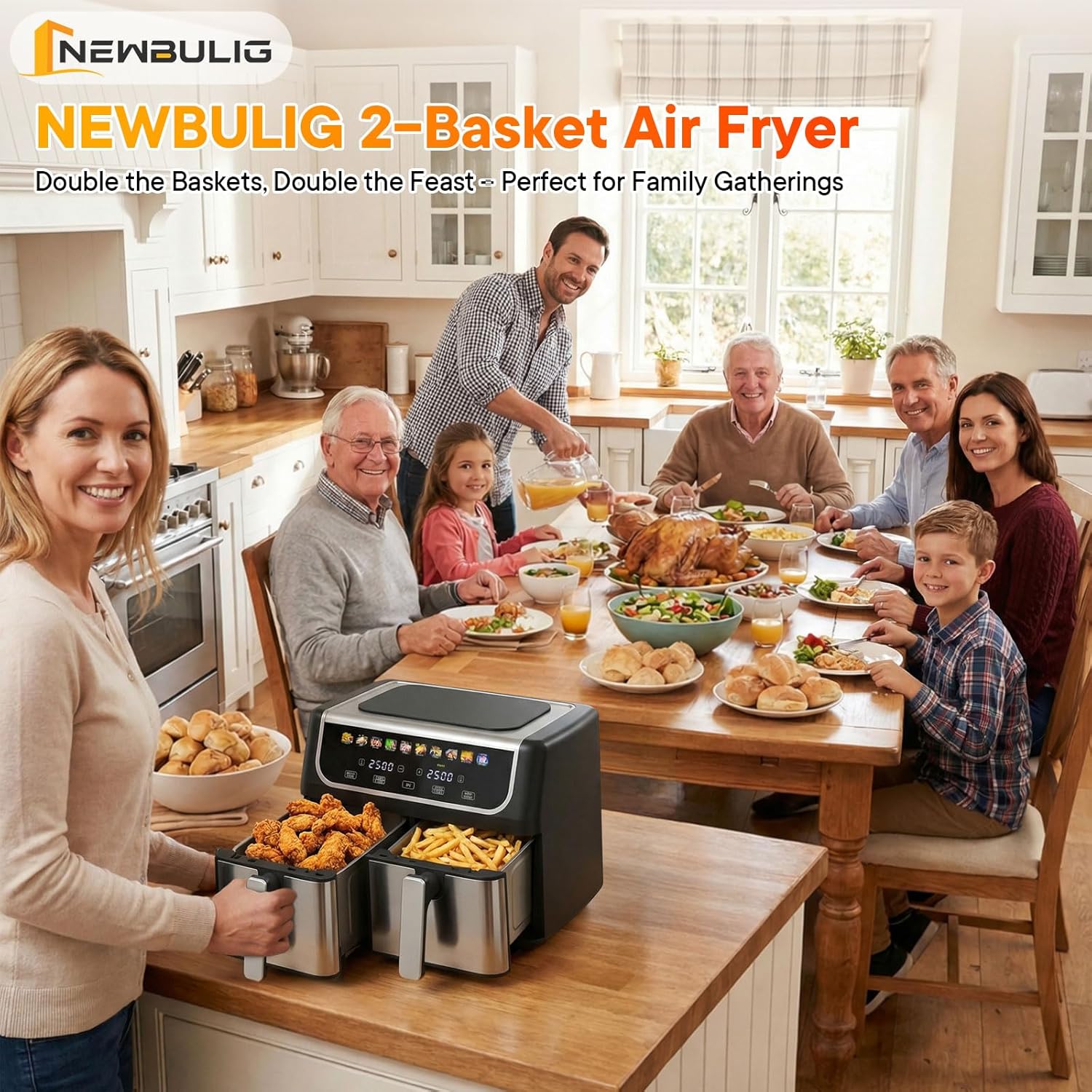 NEWBULIG Dual Air Fryer with 2 Baskets 9.5 QT, 10 in 1 Large Air Fryers with Ceramic Crisper Plate, Match Cook, Sync Finish, Shake Reminder, 80-450°F Wide Temp, Roast, Defrost, Dehydrate, Bake, Black - Image 2